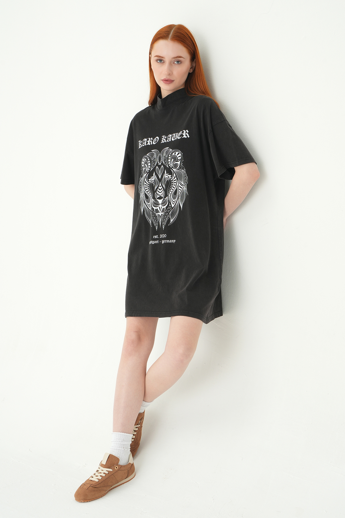 Siyah Aslan Baskı Elbise 0006 - 1