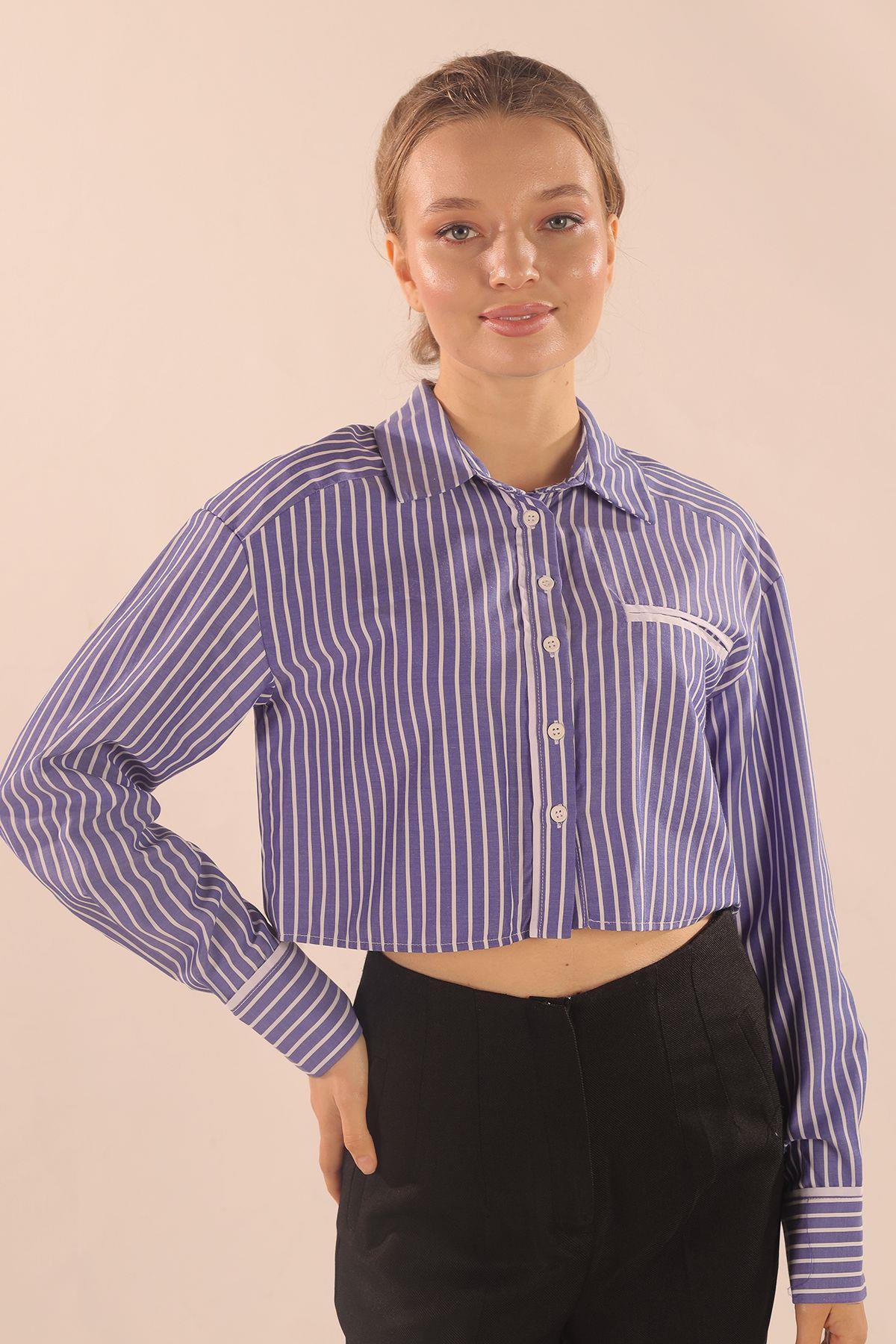 Koyu Mavi Çizgili Cepli Crop Gömlek 00213 