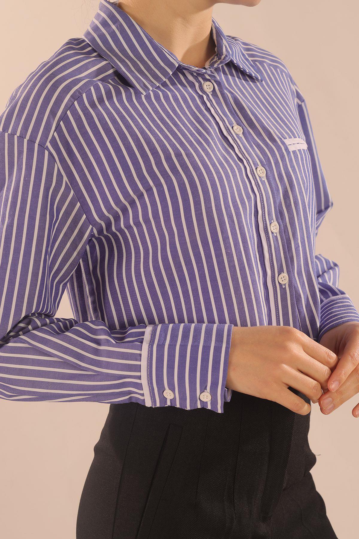 Koyu Mavi Çizgili Cepli Crop Gömlek 00213 - 4