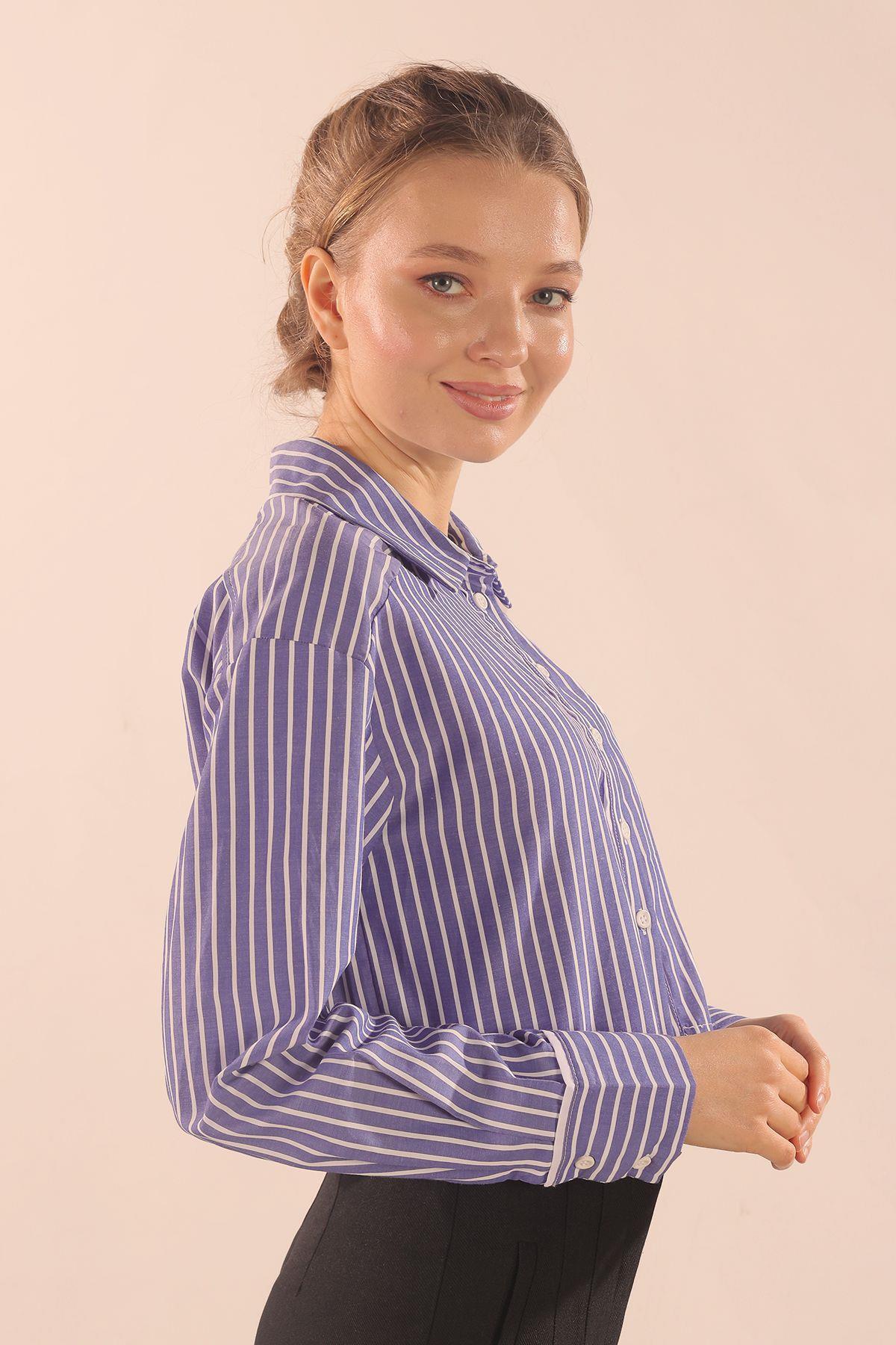 Koyu Mavi Çizgili Cepli Crop Gömlek 00213 - 5