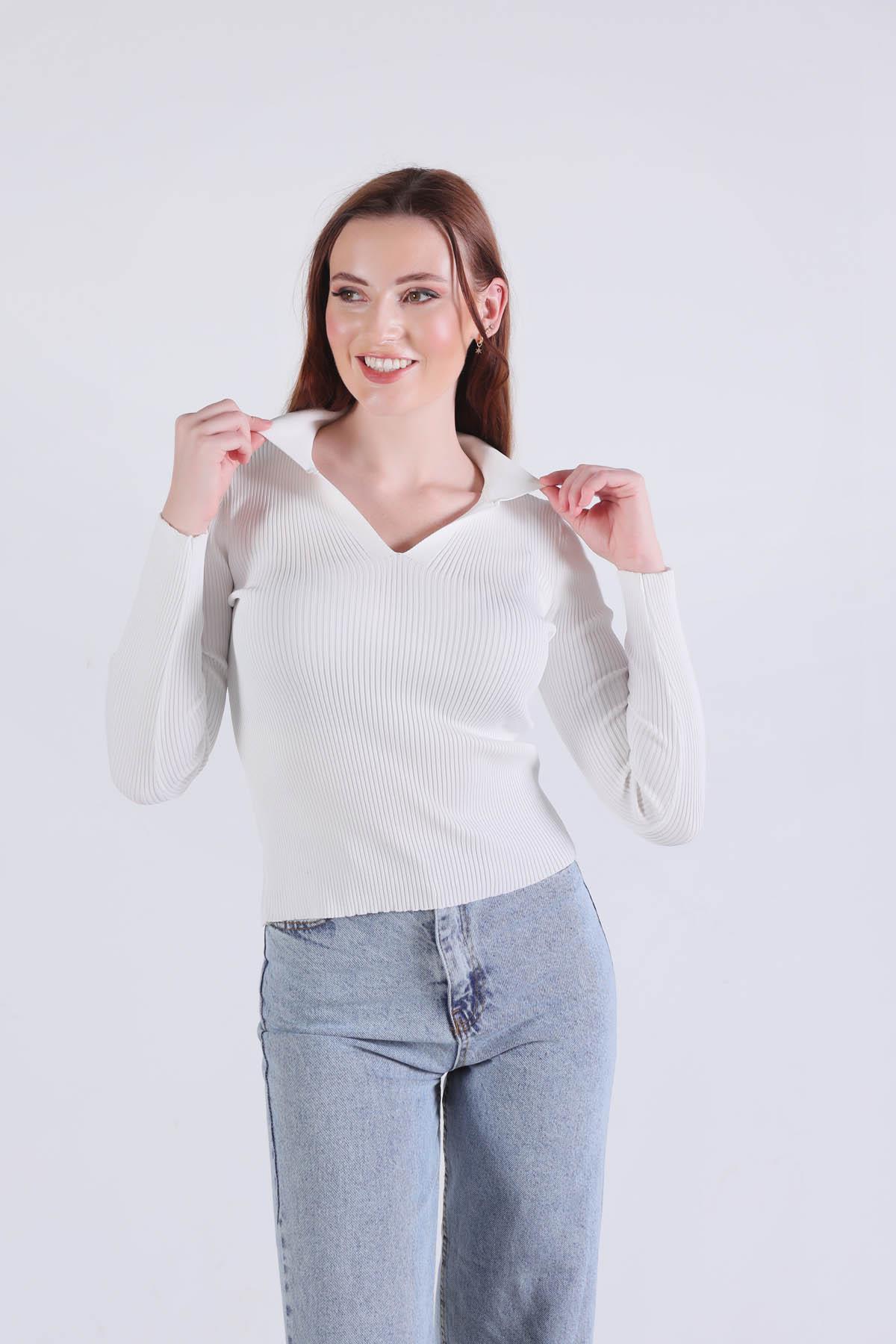 Beyaz Polo Yaka Kazak 0033 - 2