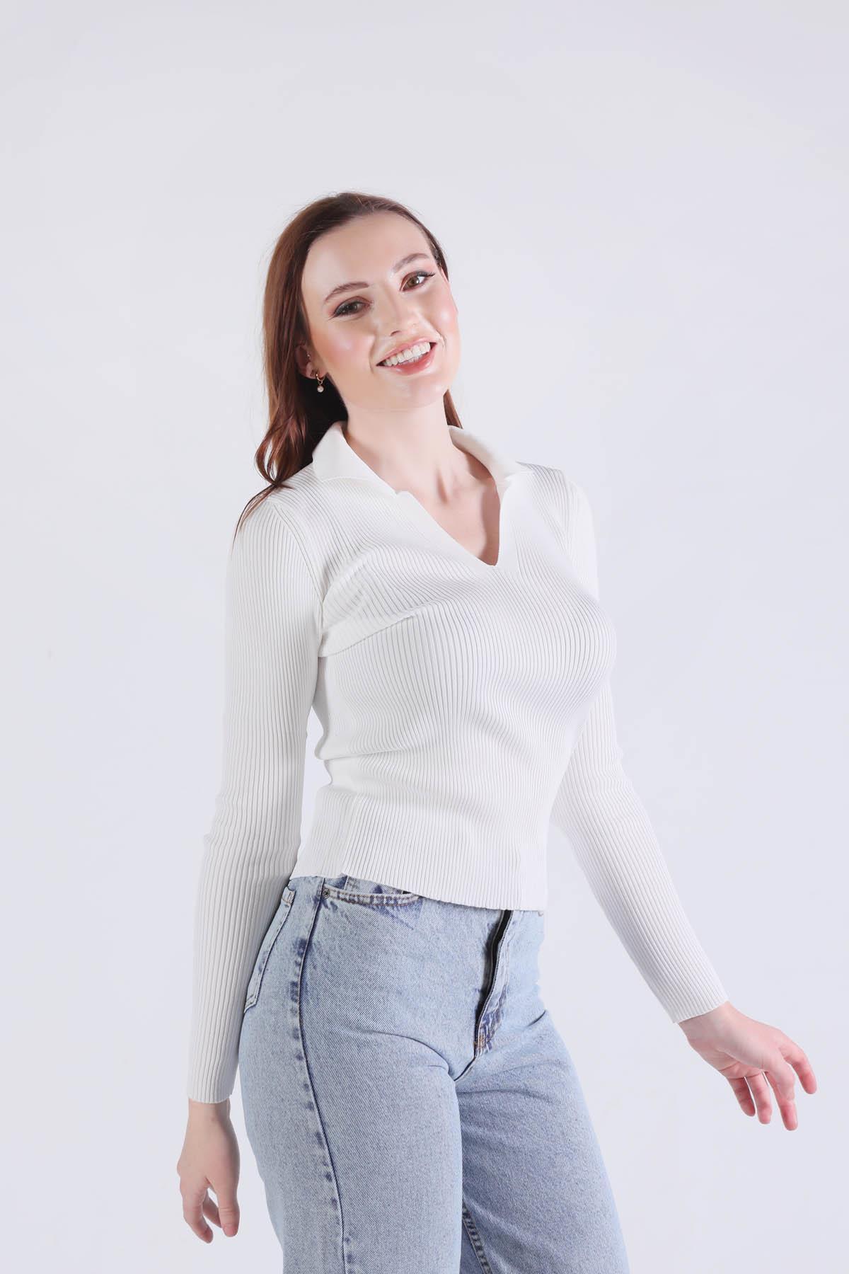 Beyaz Polo Yaka Kazak 0033 - 3