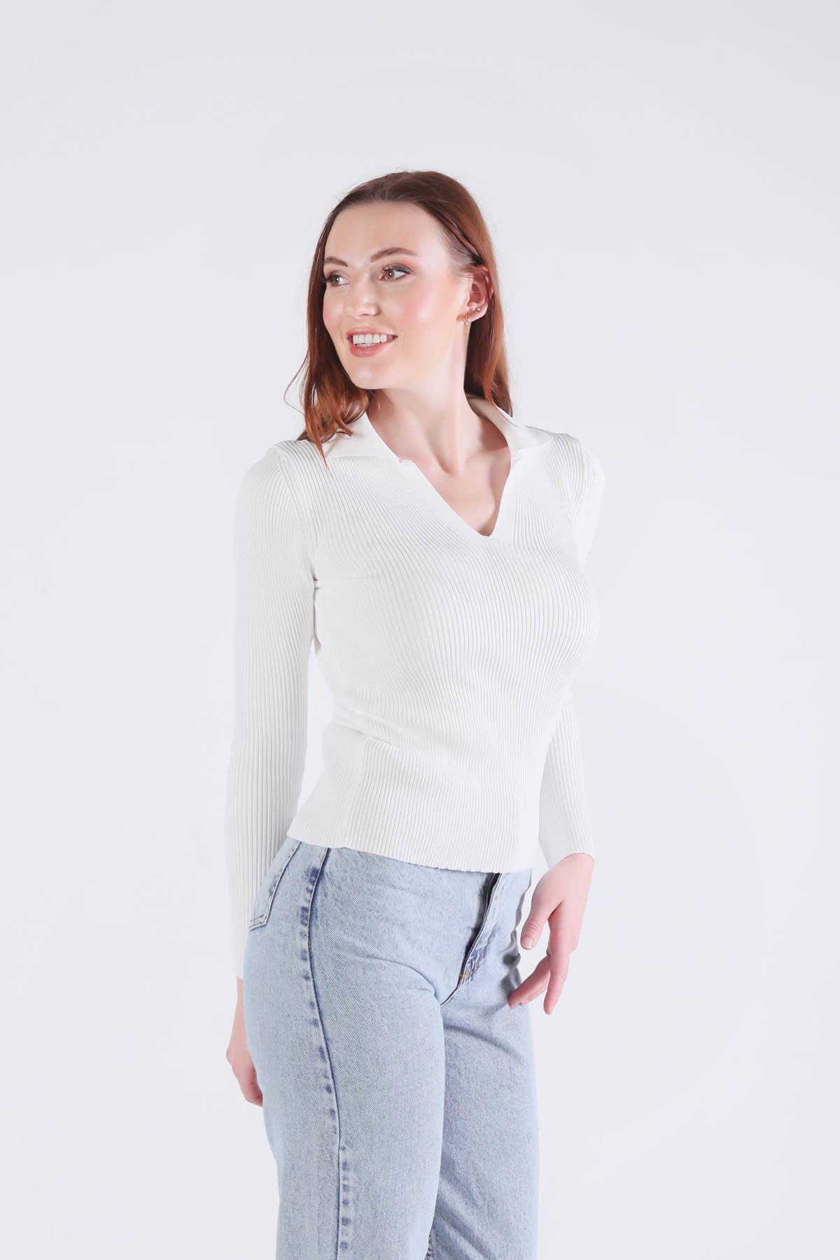 Beyaz Polo Yaka Kazak 0033 - 4