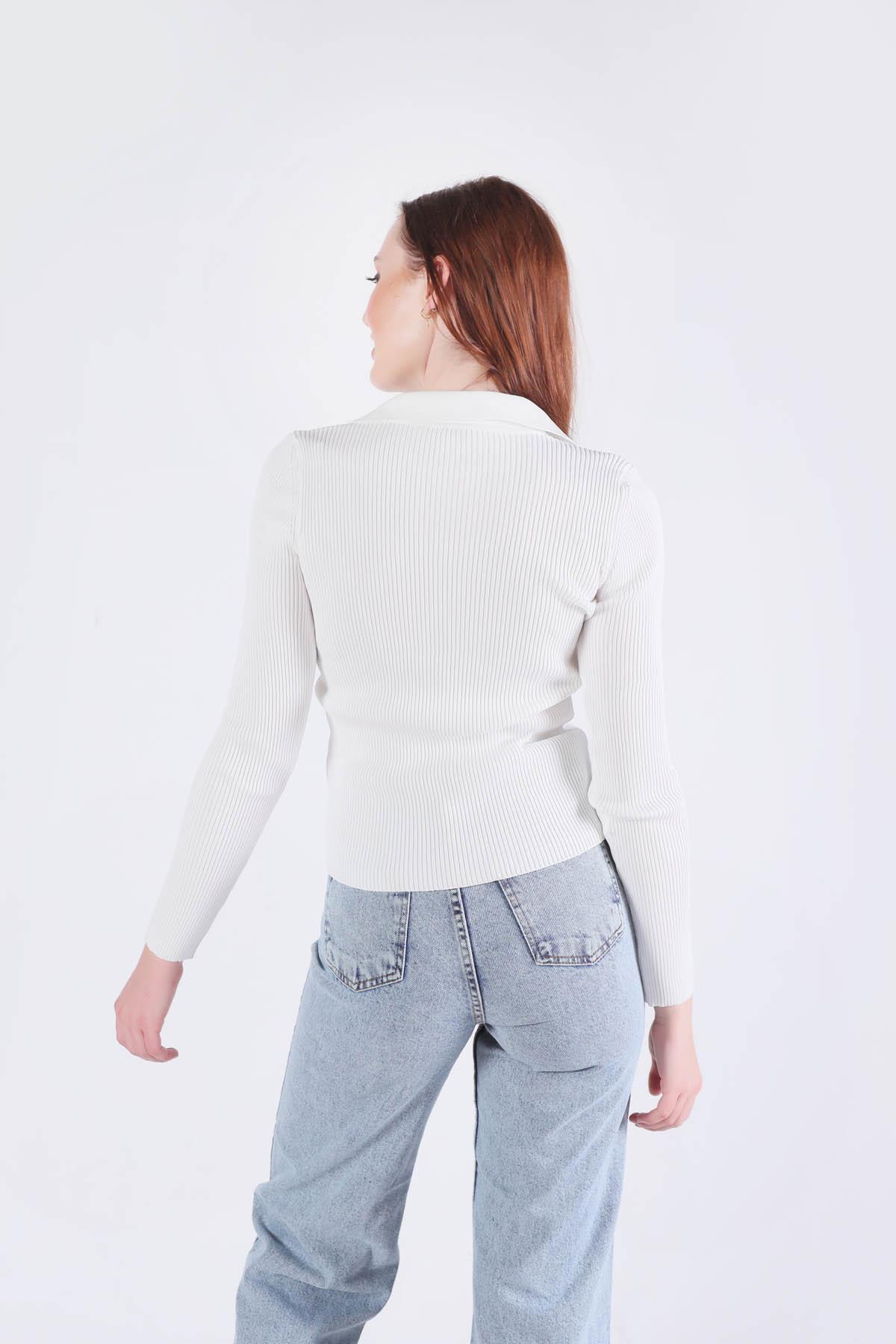 Beyaz Polo Yaka Kazak 0033 - 5