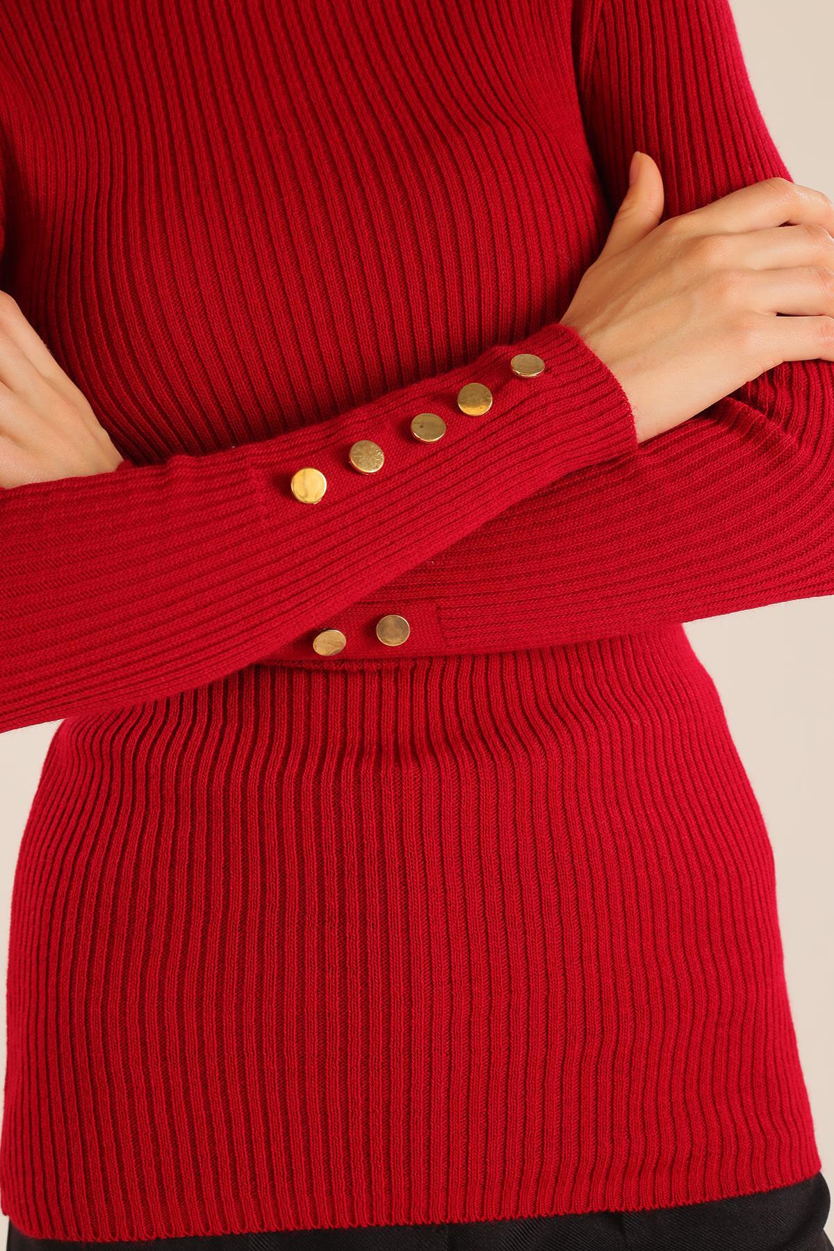 006 Kol Düğme Detay Fitilli Kazak Kırmızı - 5