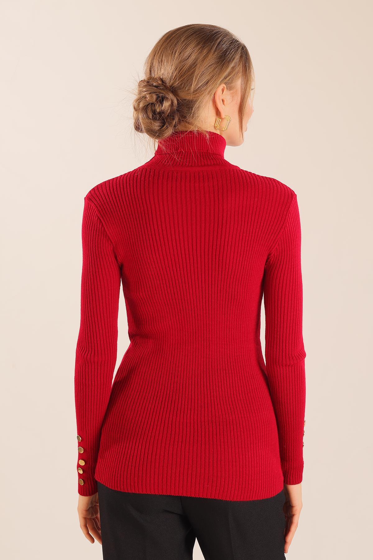 006 Kol Düğme Detay Fitilli Kazak Kırmızı - 6