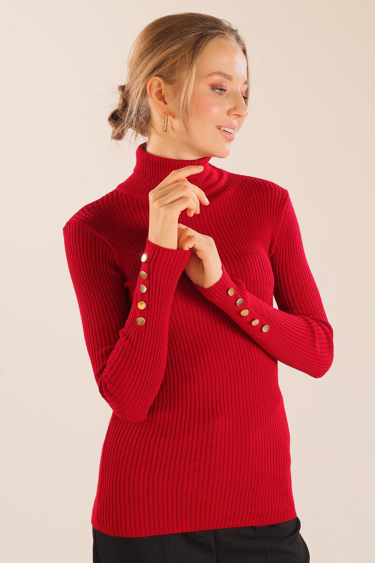 006 Kol Düğme Detay Fitilli Kazak Kırmızı - 1