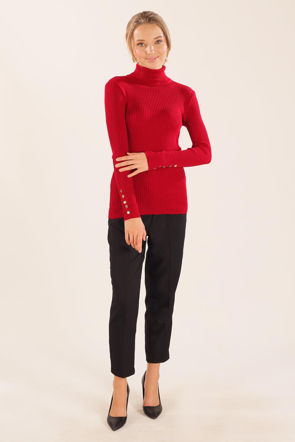 006 Kol Düğme Detay Fitilli Kazak Kırmızı - 2