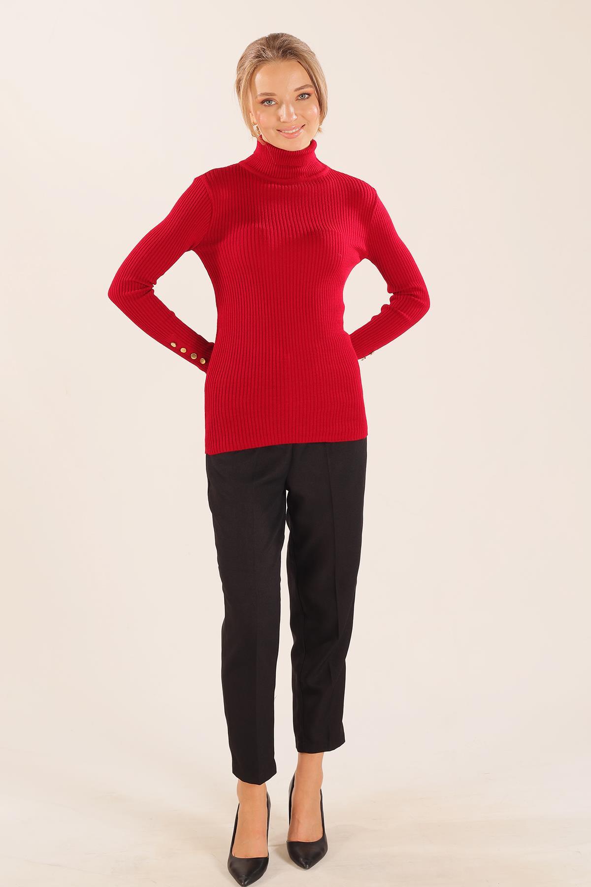 006 Kol Düğme Detay Fitilli Kazak Kırmızı - 3