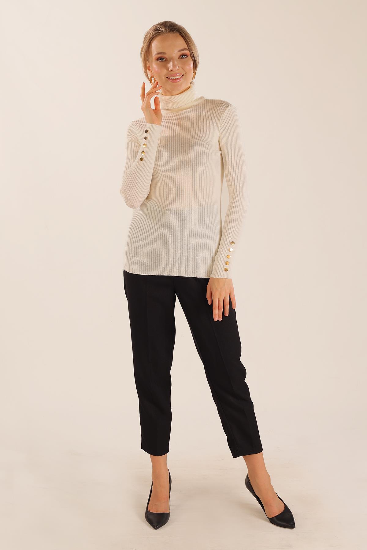 006 Kol Düğme Detay Fitilli Kazak Krem - 6