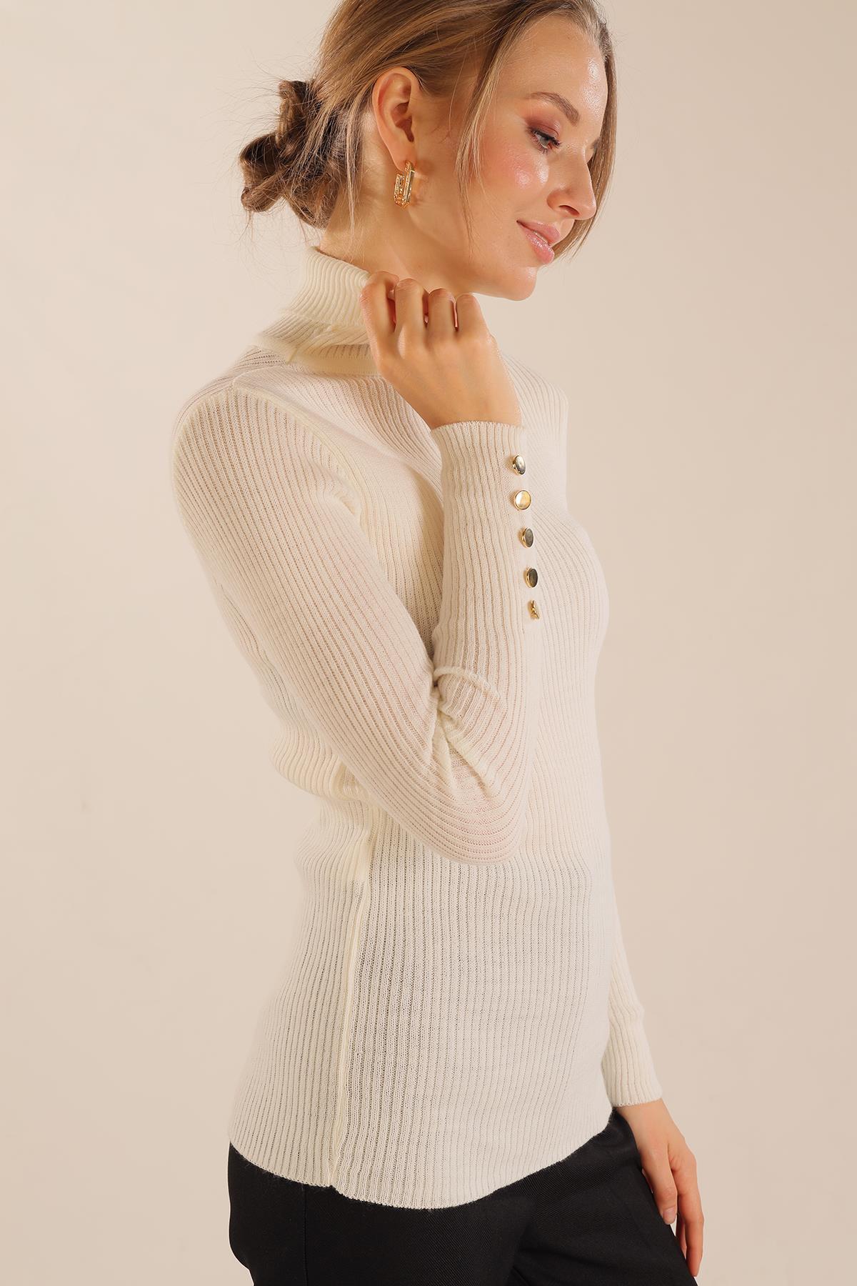 006 Kol Düğme Detay Fitilli Kazak Krem - 4