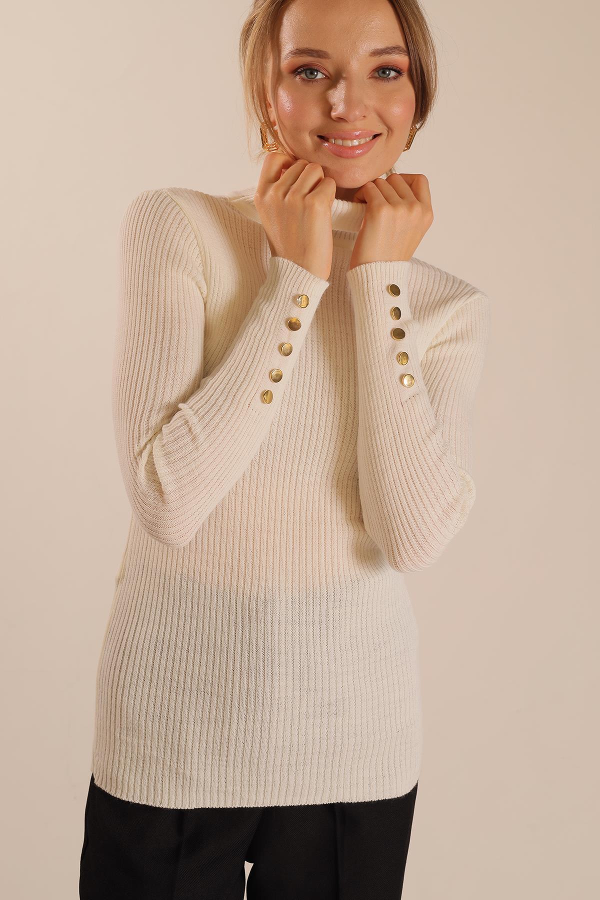 Krem Kol Düğme Detay Fitilli Kazak 006 - 1