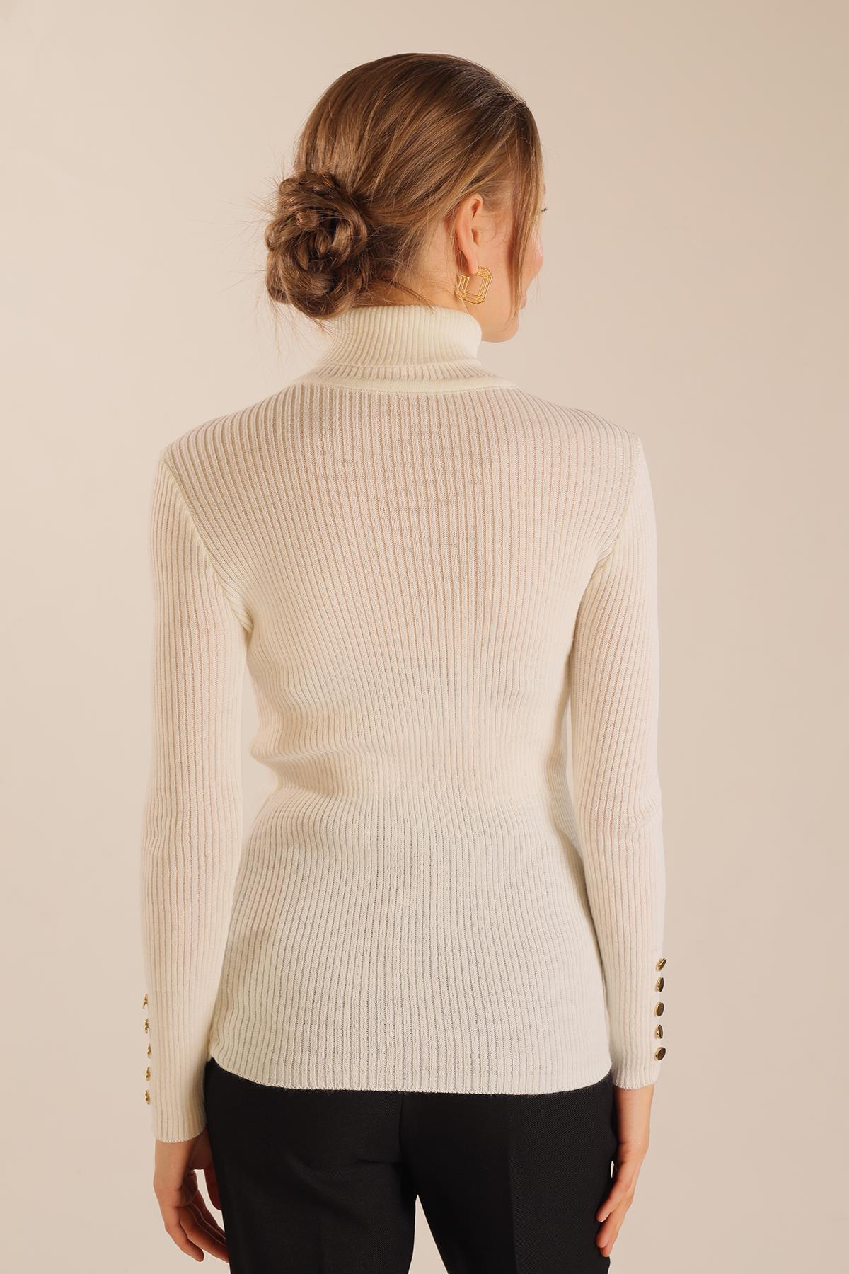 Krem Kol Düğme Detay Fitilli Kazak 006 - 5