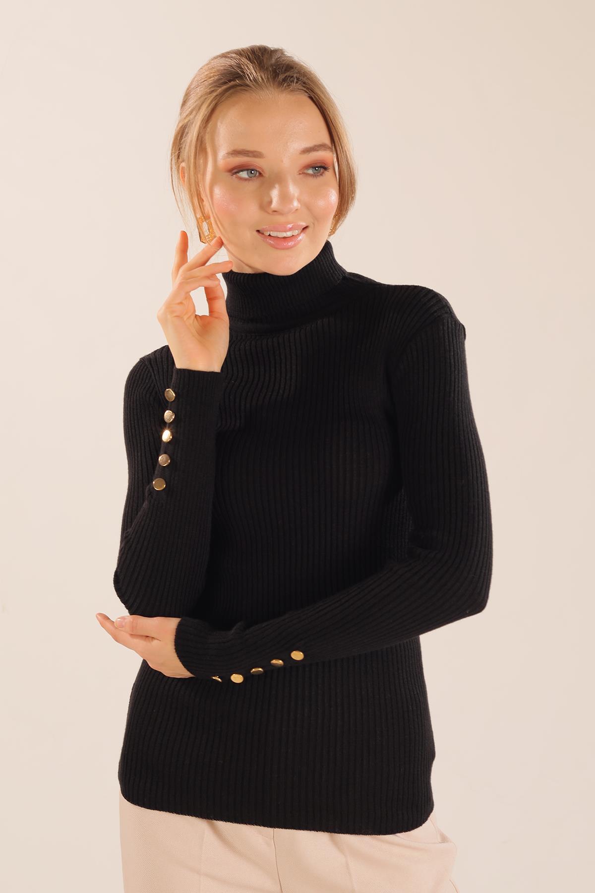 Siyah Kol Düğme Detay Fitilli Kazak 006 