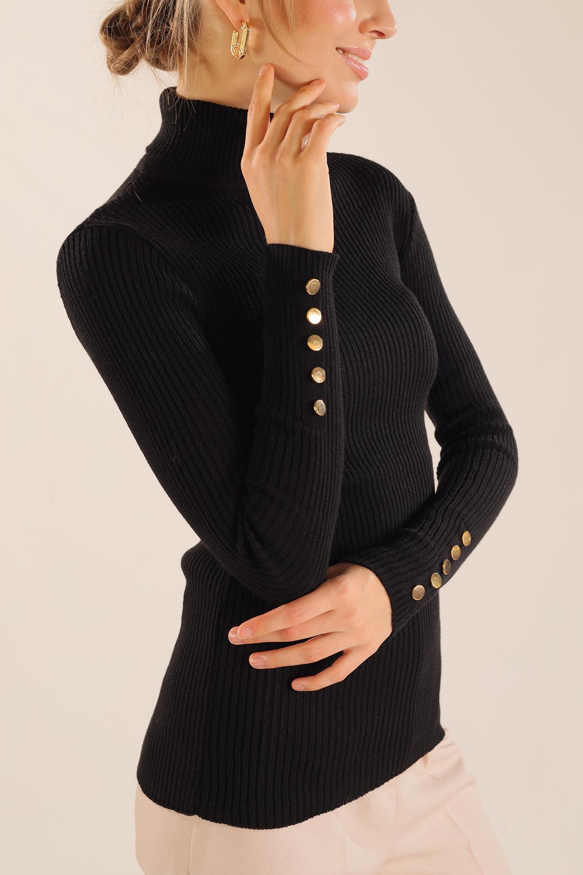 Siyah Kol Düğme Detay Fitilli Kazak 006 - 2