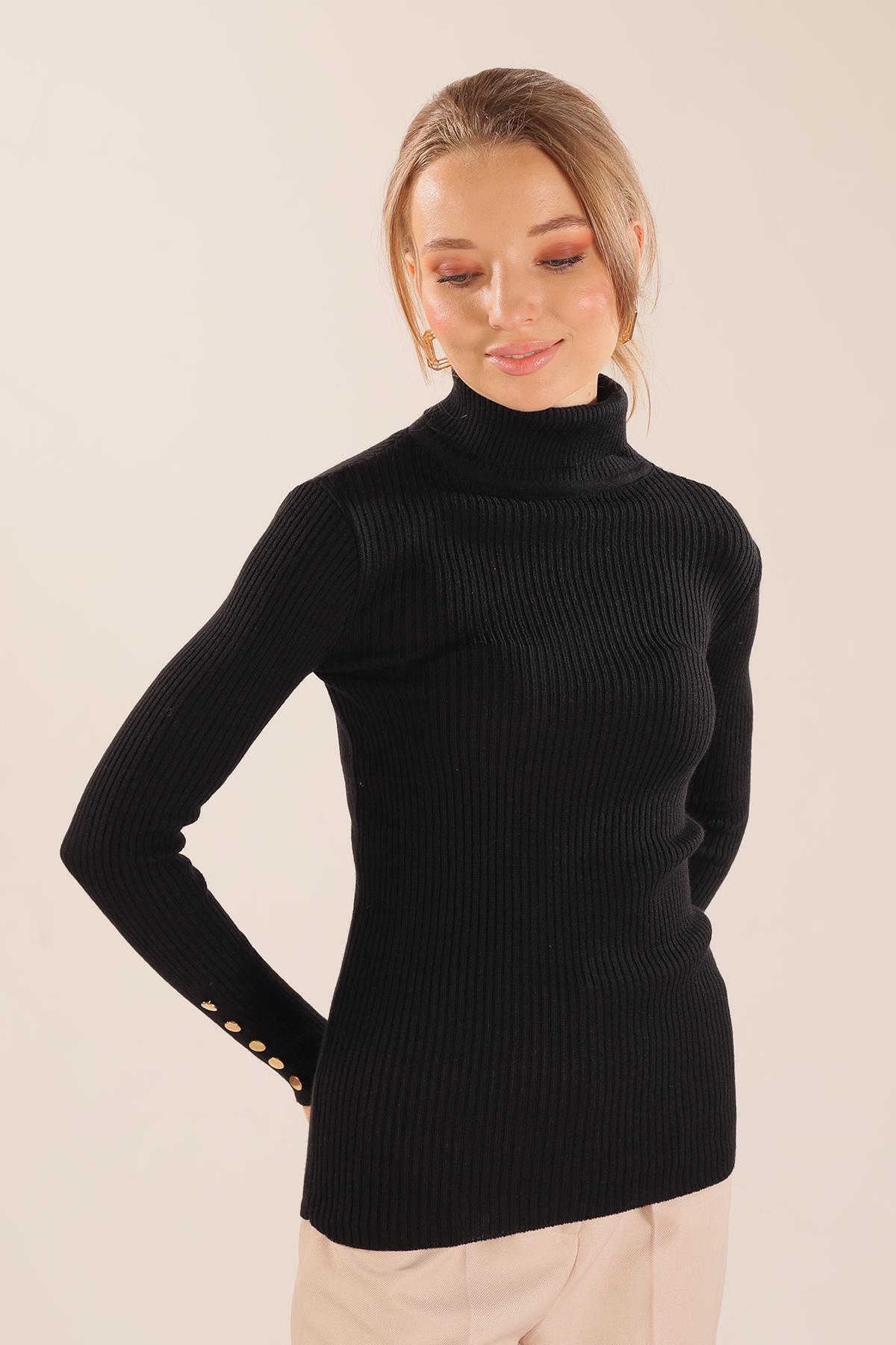 Siyah Kol Düğme Detay Fitilli Kazak 006 - 3