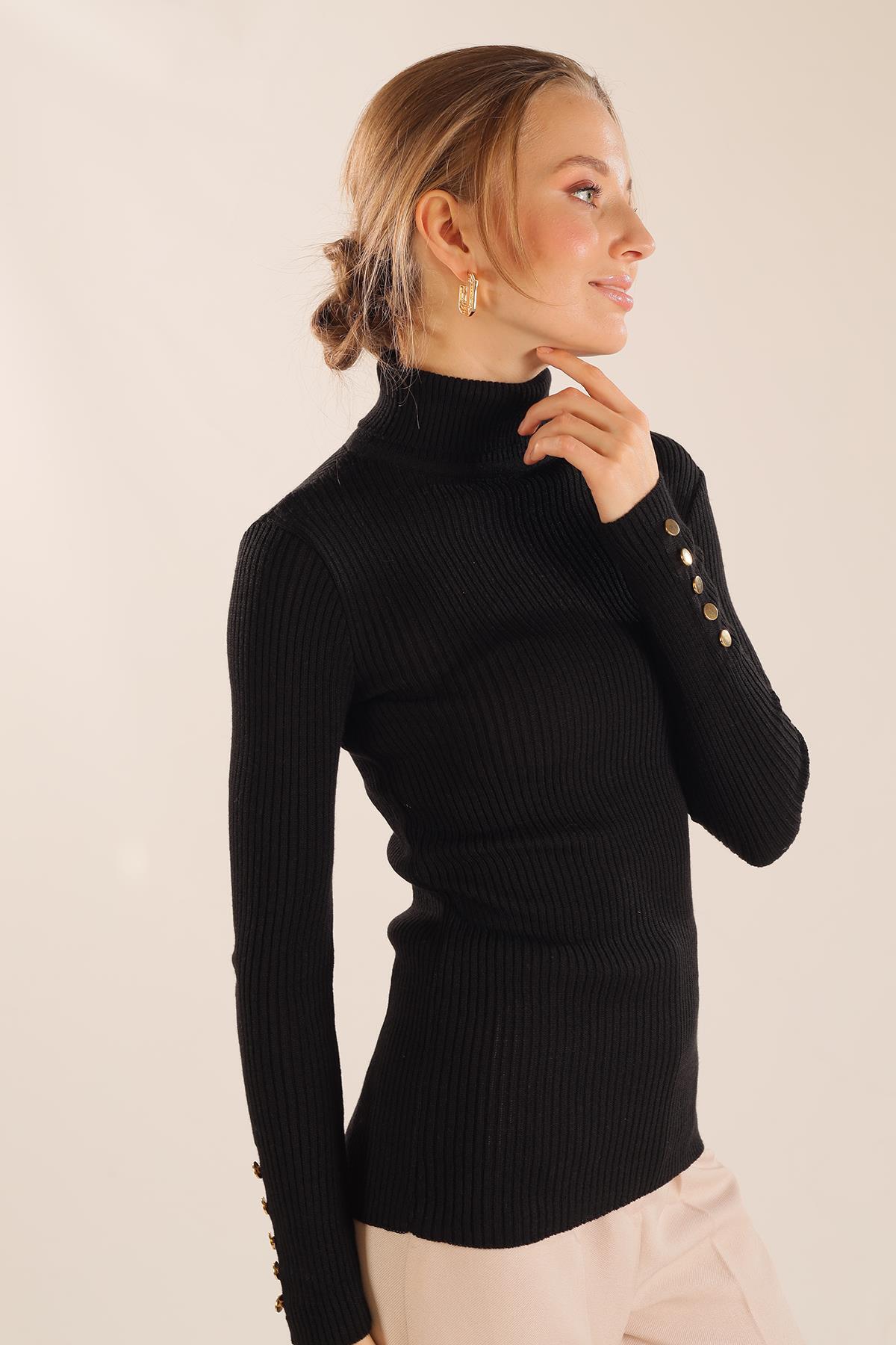 Siyah Kol Düğme Detay Fitilli Kazak 006 - 5