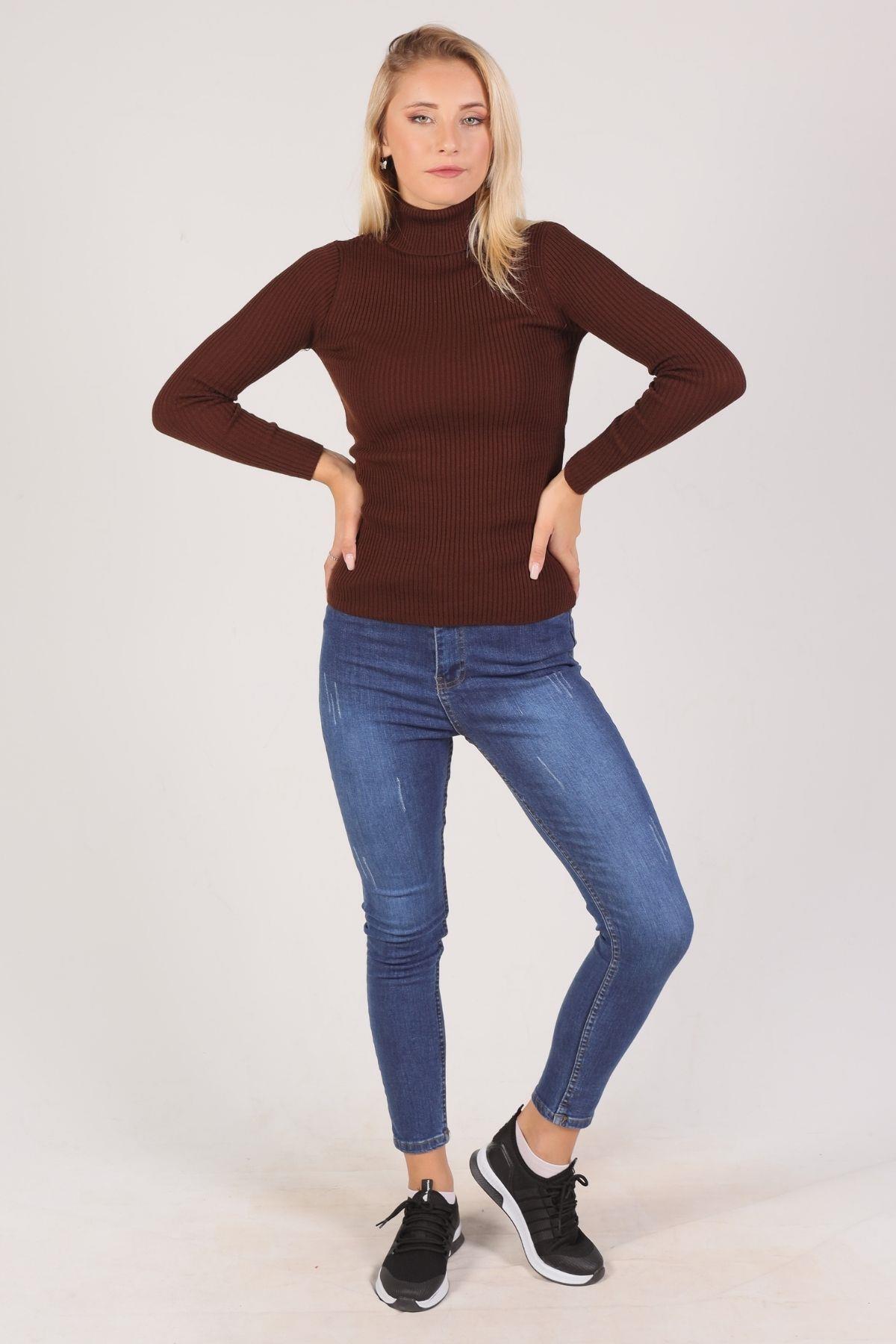 007 Balıkçı Yaka Fitilli Kazak Acı Kahve 