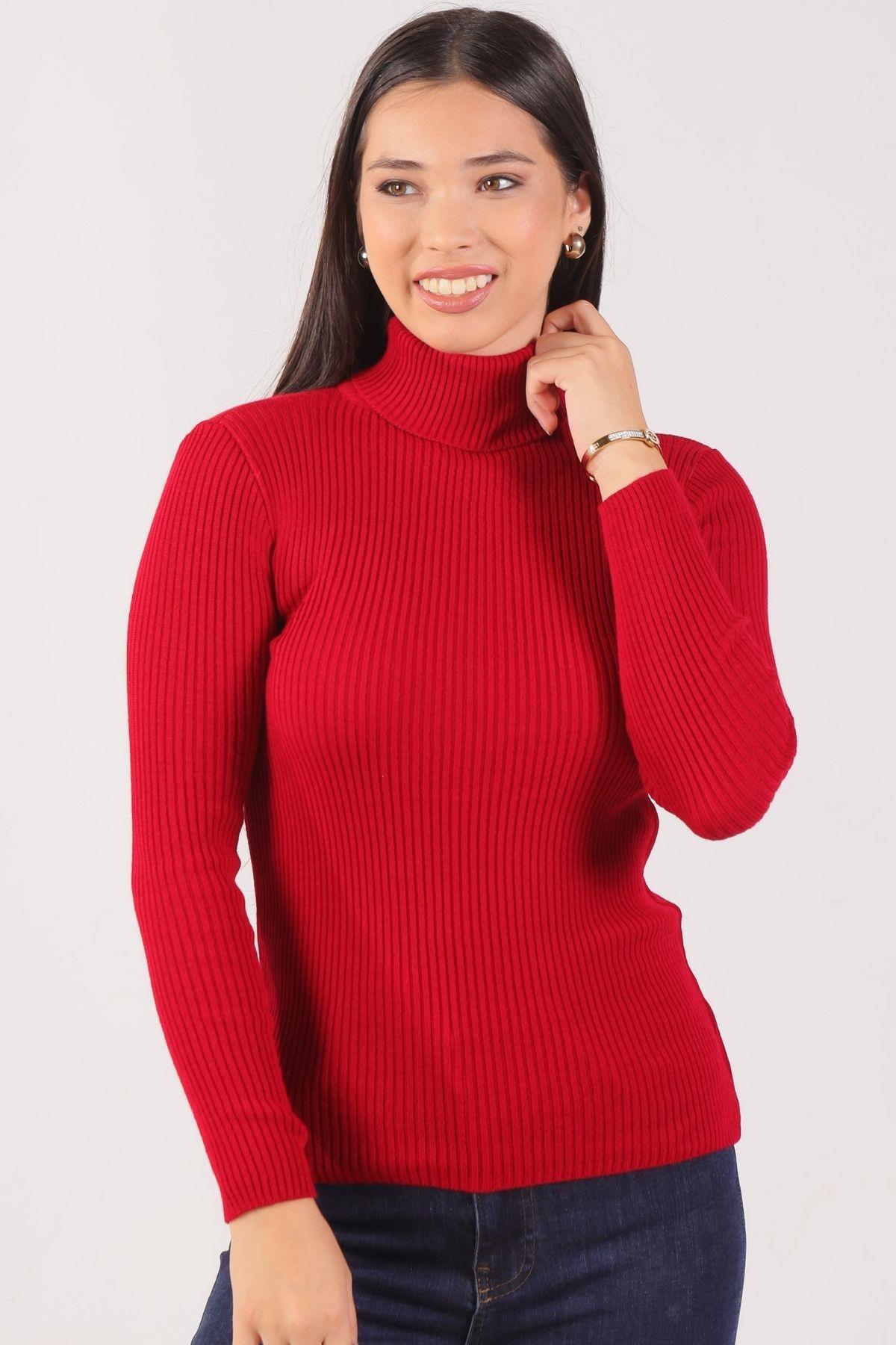 Kırmızı Balıkçı Yaka Fitilli Kazak 007 