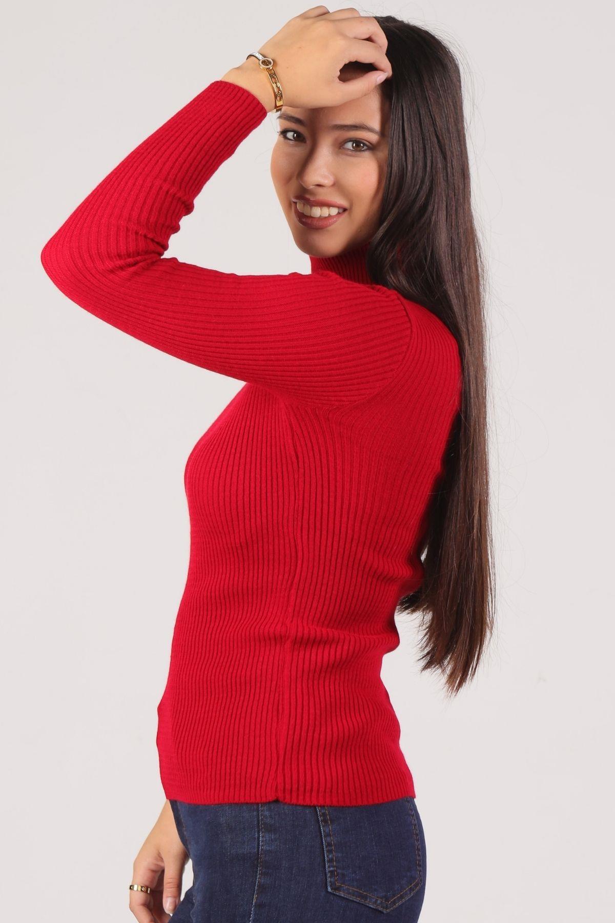 Kırmızı Balıkçı Yaka Fitilli Kazak 007 - 2