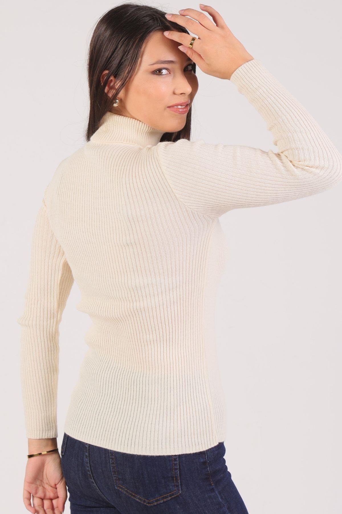 007 Balıkçı Yaka Fitilli Kazak Krem - 3