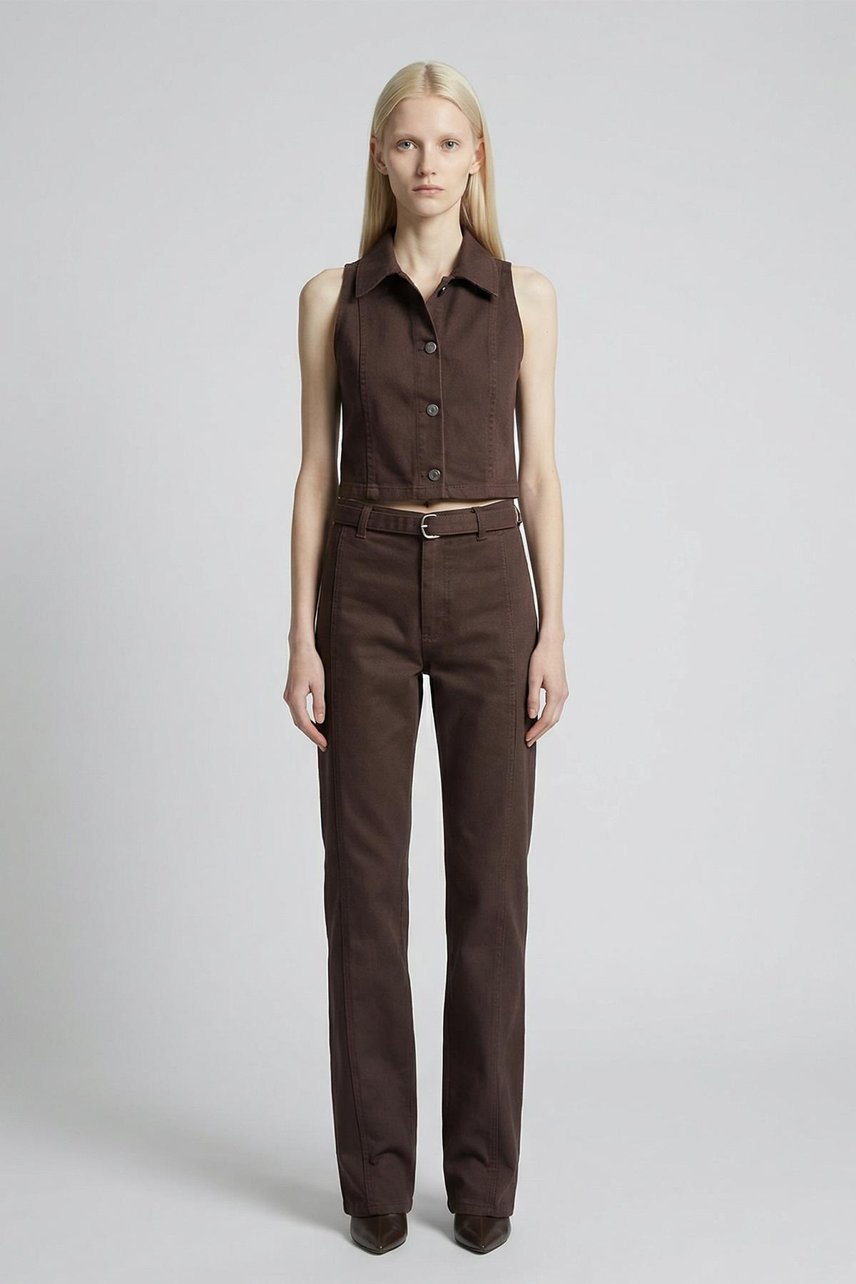 0081 Sıfır Kol Yelek Pantolon Takım Kahve - RAYS