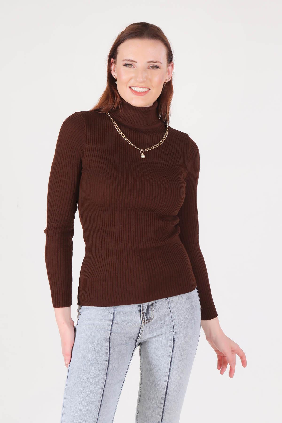 009 Balıkçı Yaka Kolye Detay Kazak Acı Kahve - 1