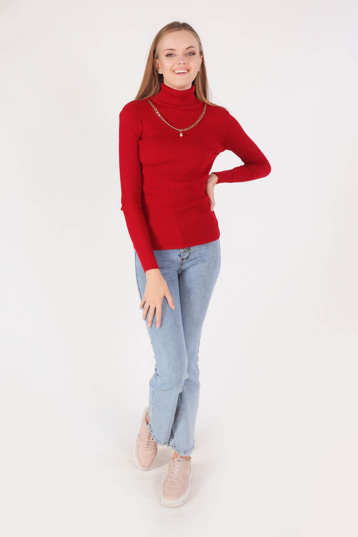 009 Balıkçı Yaka Kolye Detay Kazak Kırmızı - 2