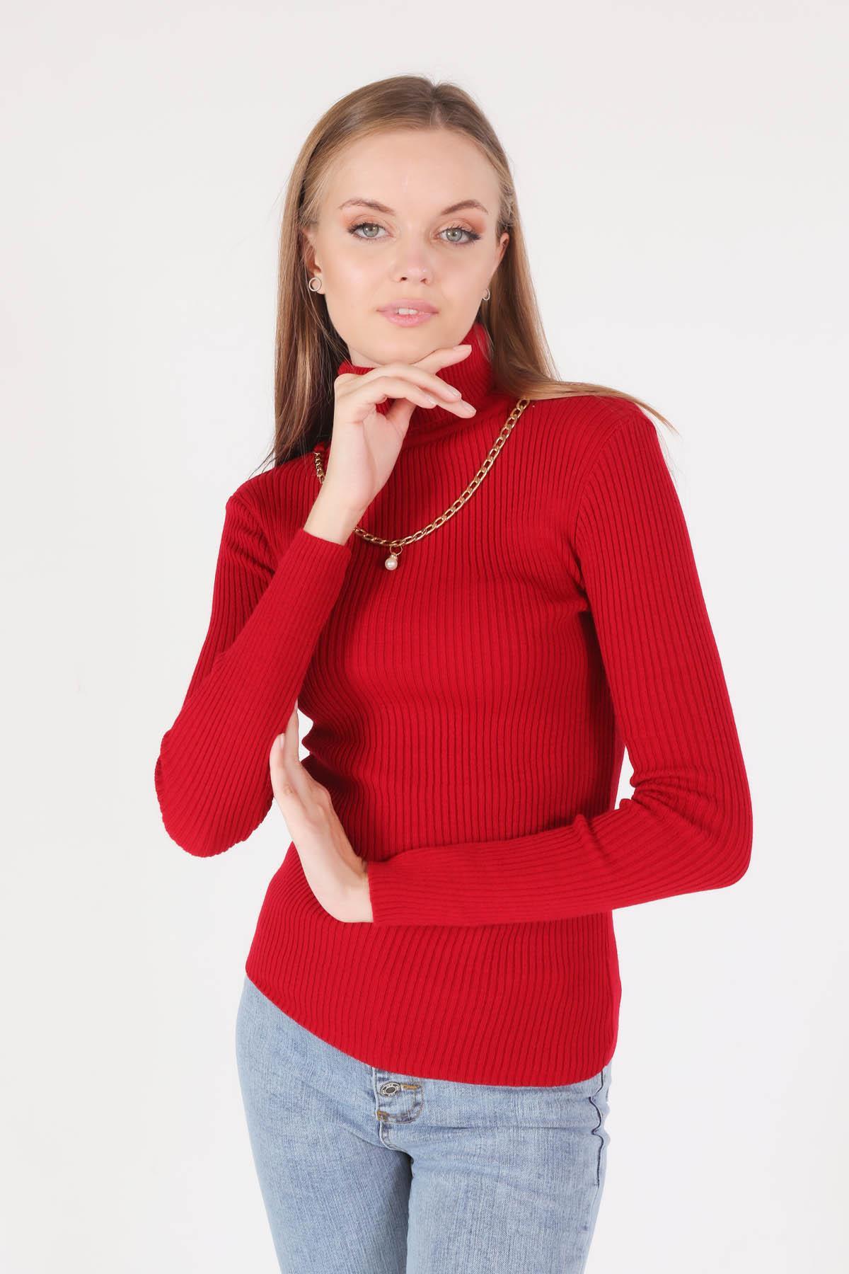 Kırmızı Balıkçı Yaka Kolye Detay Kazak 009 - 3