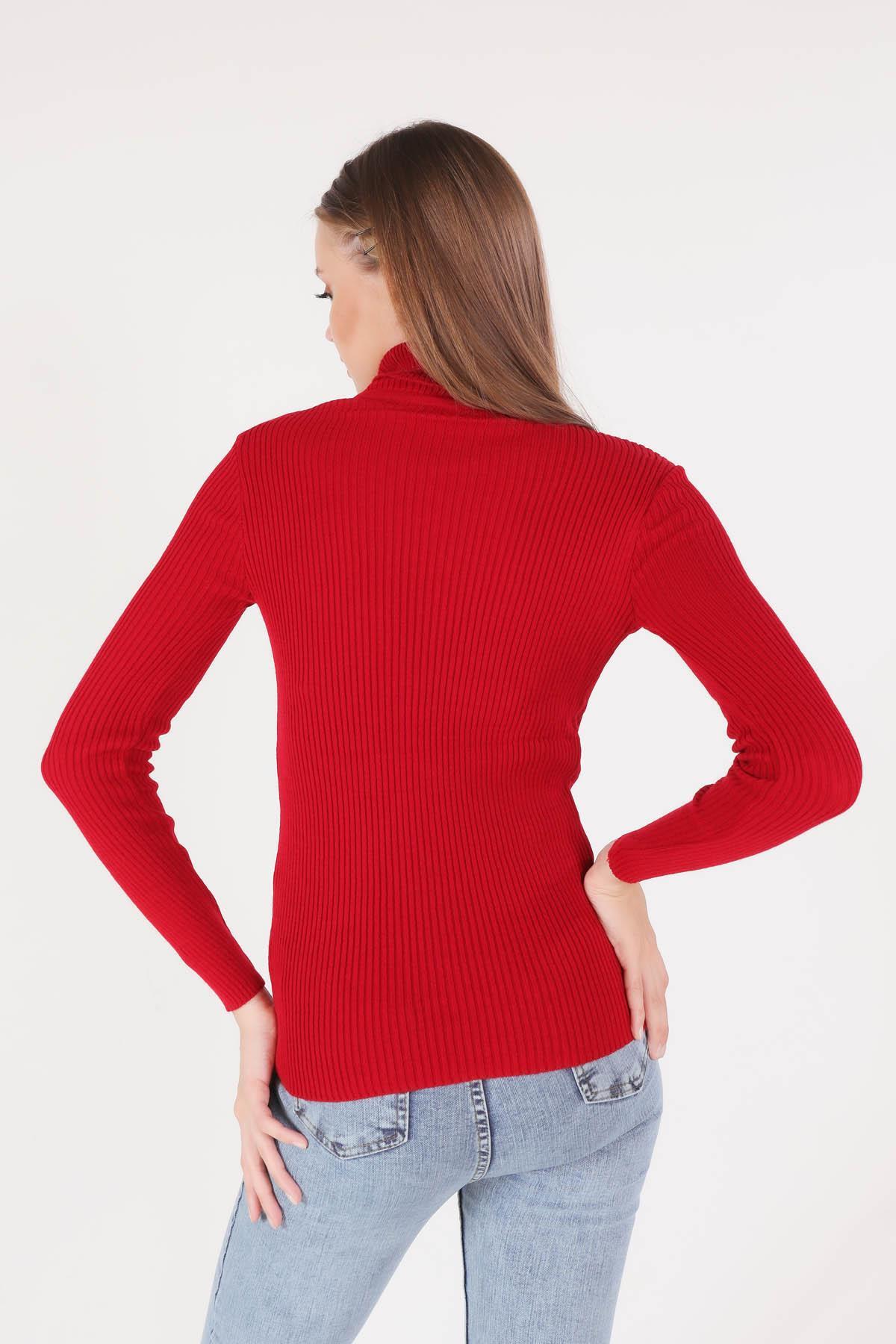 Kırmızı Balıkçı Yaka Kolye Detay Kazak 009 - 4