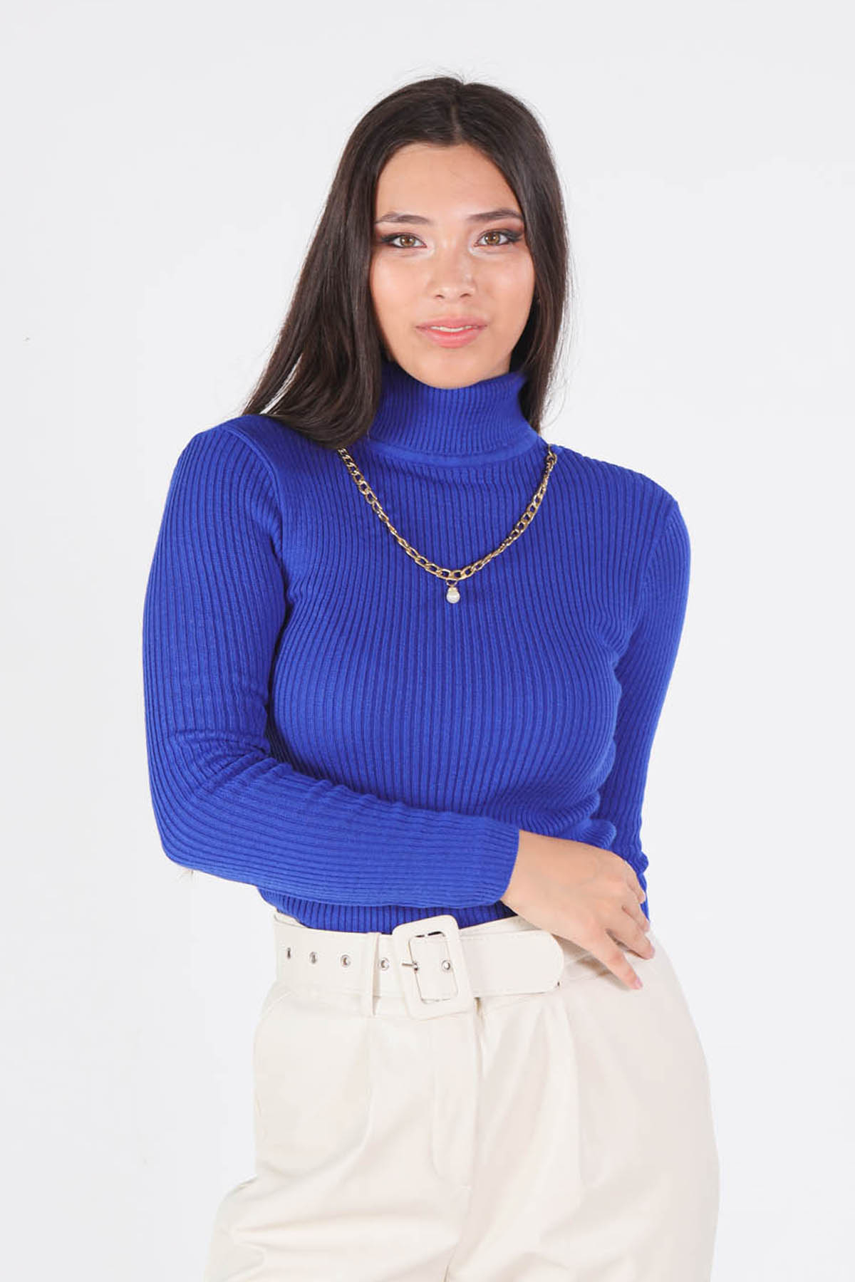 009 Balıkçı Yaka Kolye Detay Kazak Saks - 3