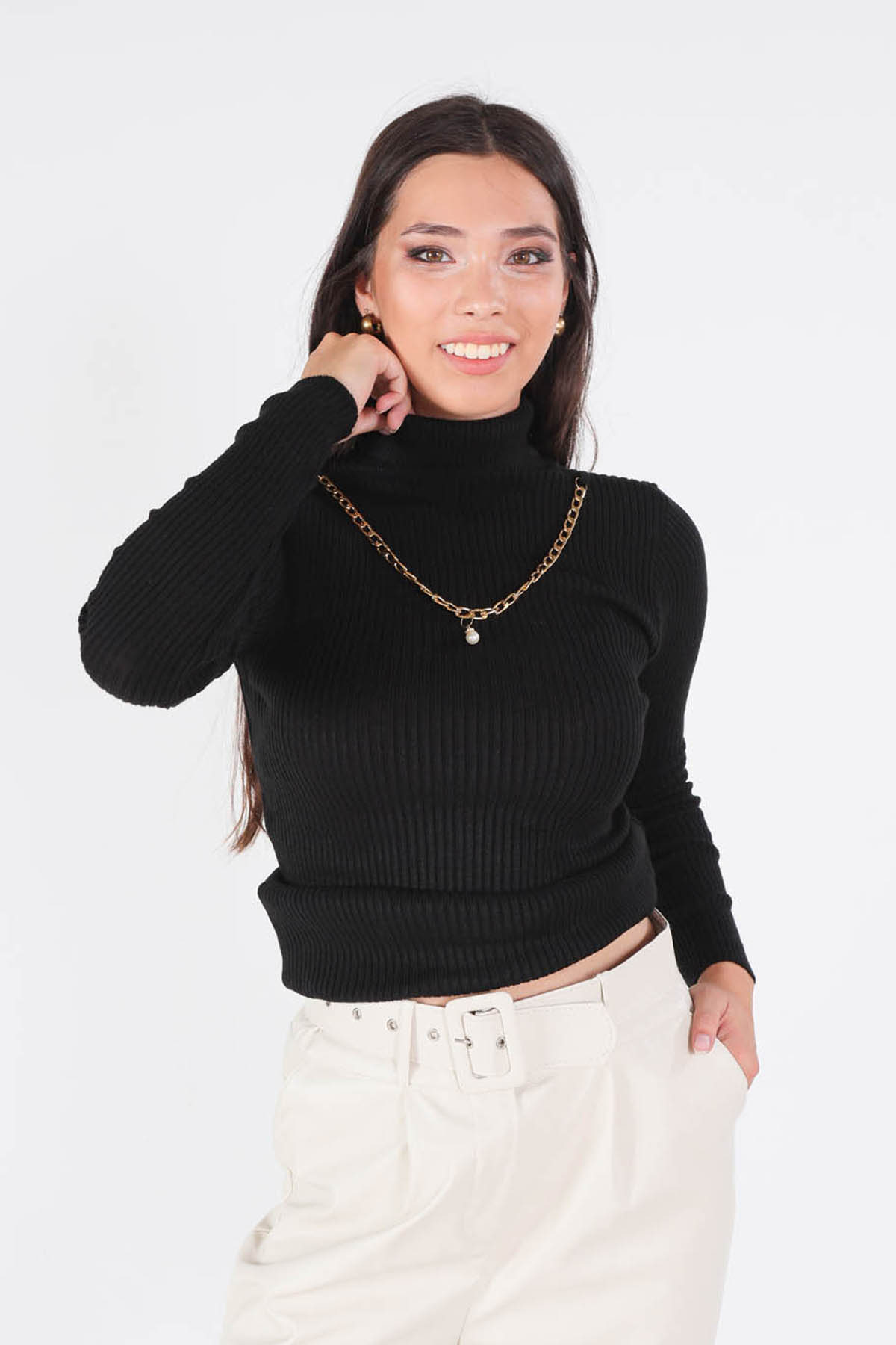 Siyah Balıkçı Yaka Kolye Detay Kazak 009 