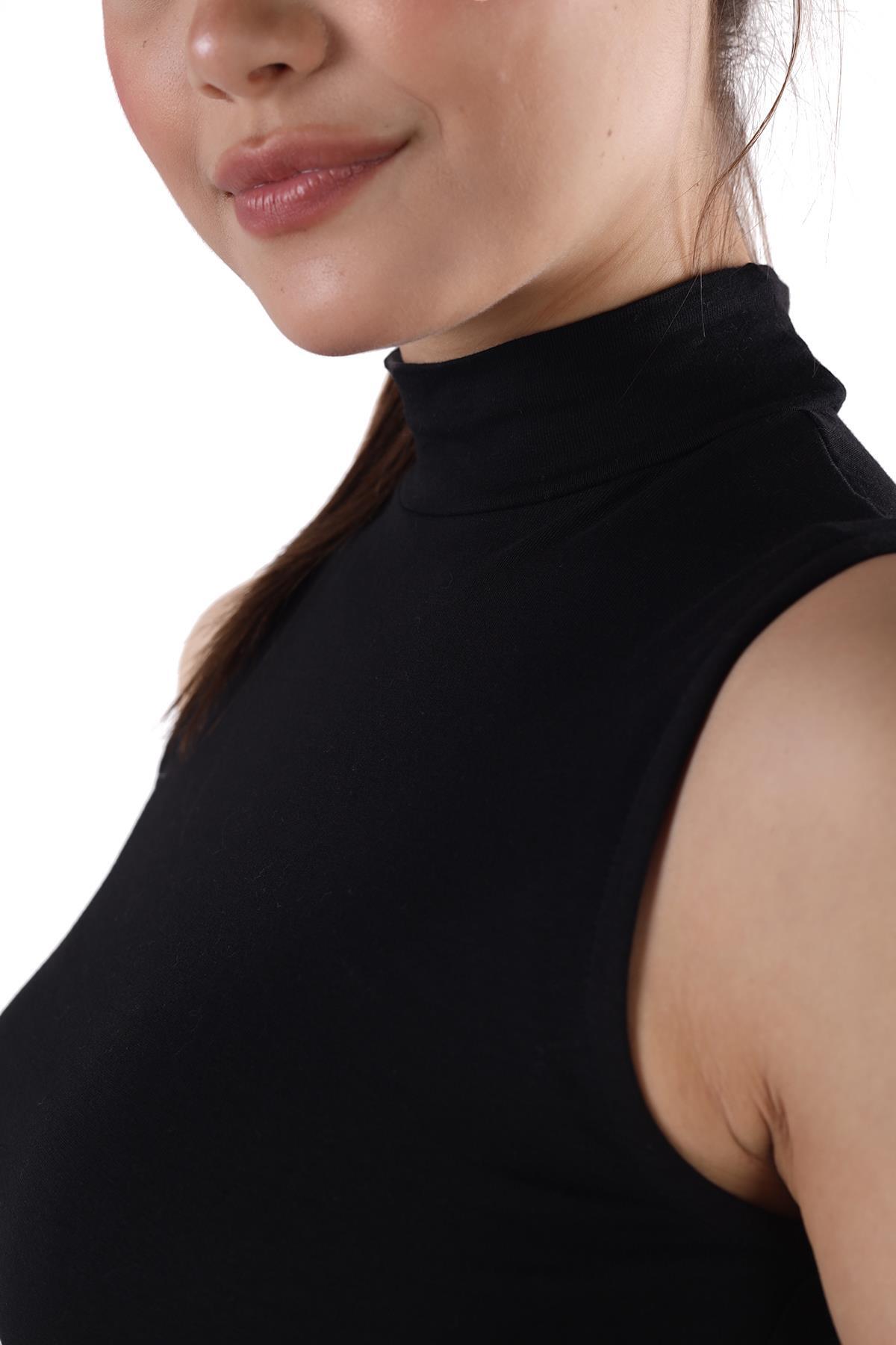 013 Balıkçı Yaka Sıfır Kol Bluz Siyah - 4