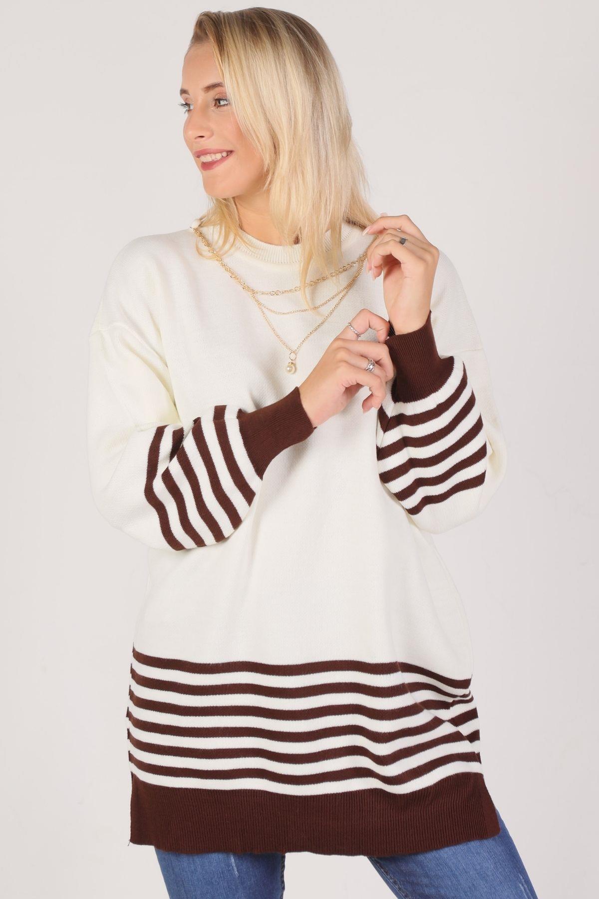 014 Kol Etek Çizgi Detay Tunik Acı Kahve 