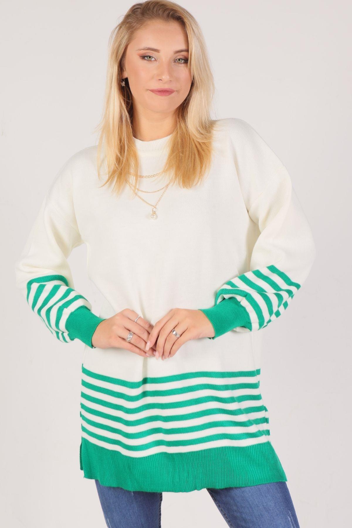 Benetton Yeşili Kol Etek Çizgi Detay Kazak 014 