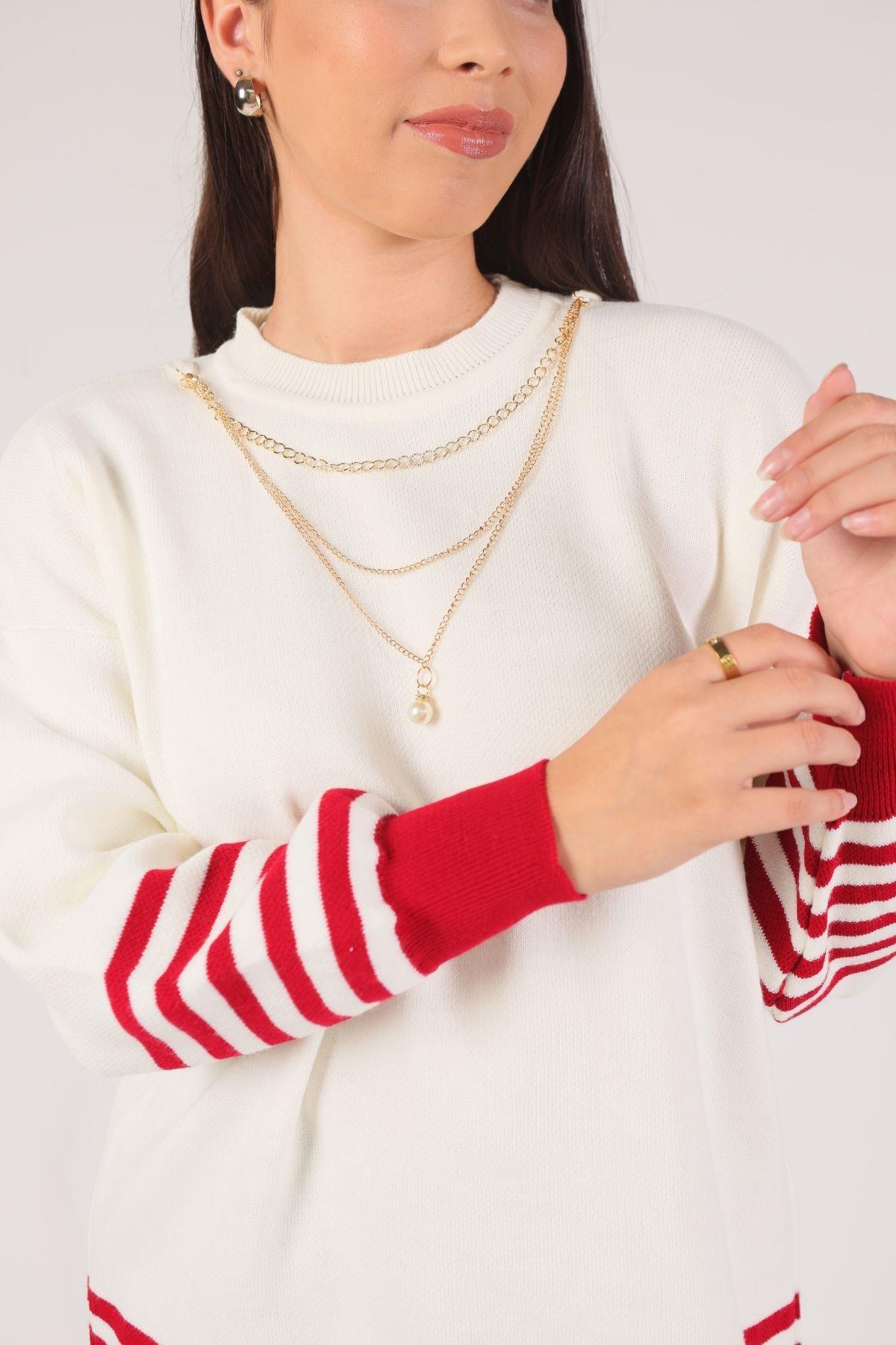 014 Kol Etek Çizgi Detay Tunik Kırmızı - 4