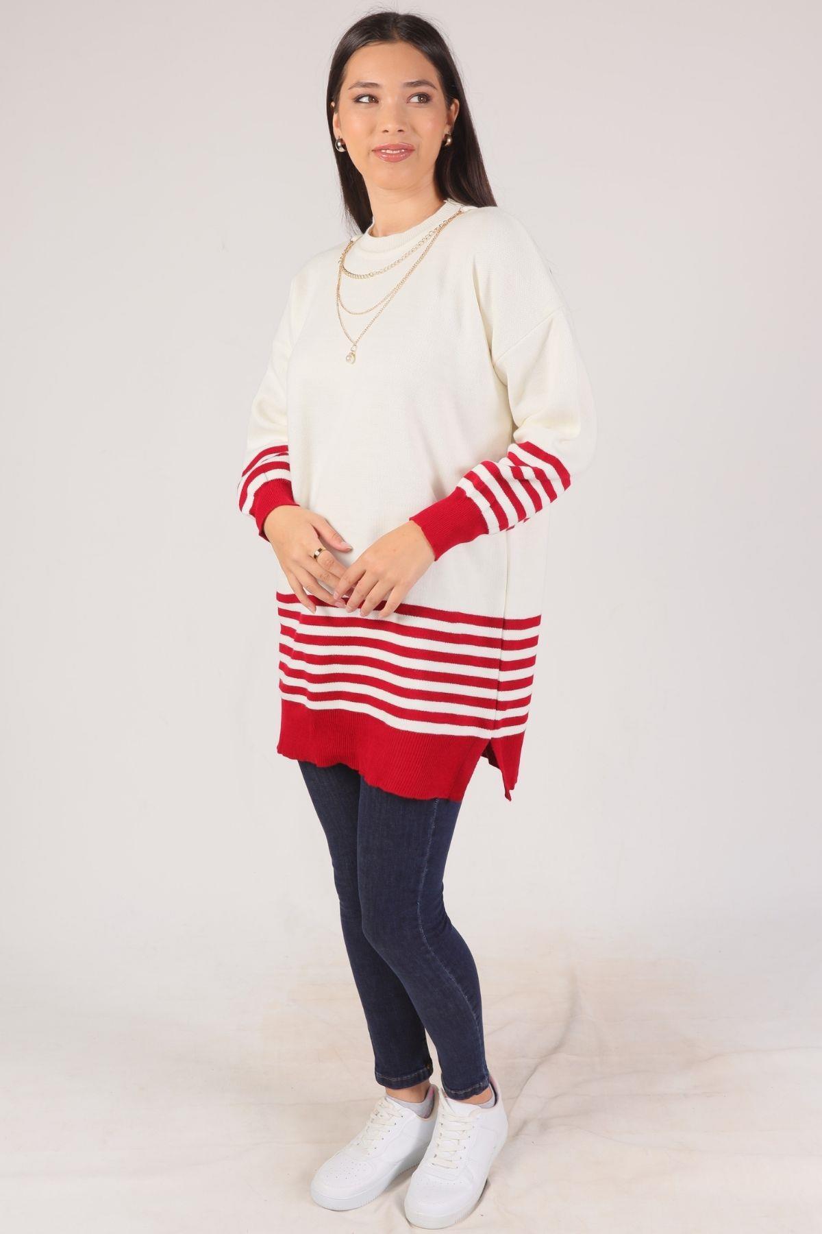 Kırmızı Kol Etek Çizgi Detay Kazak 014 