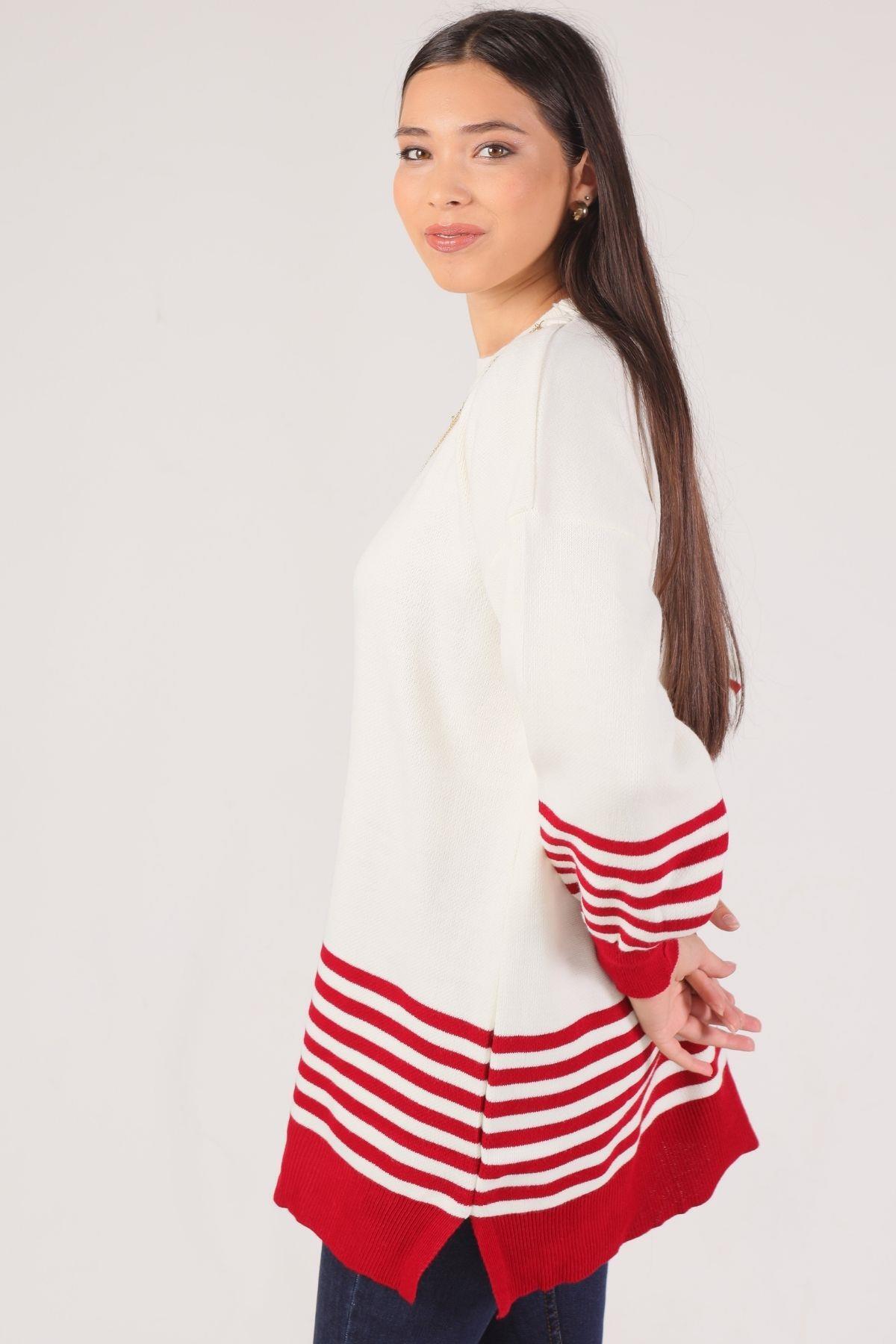 Kırmızı Kol Etek Çizgi Detay Kazak 014 - 2