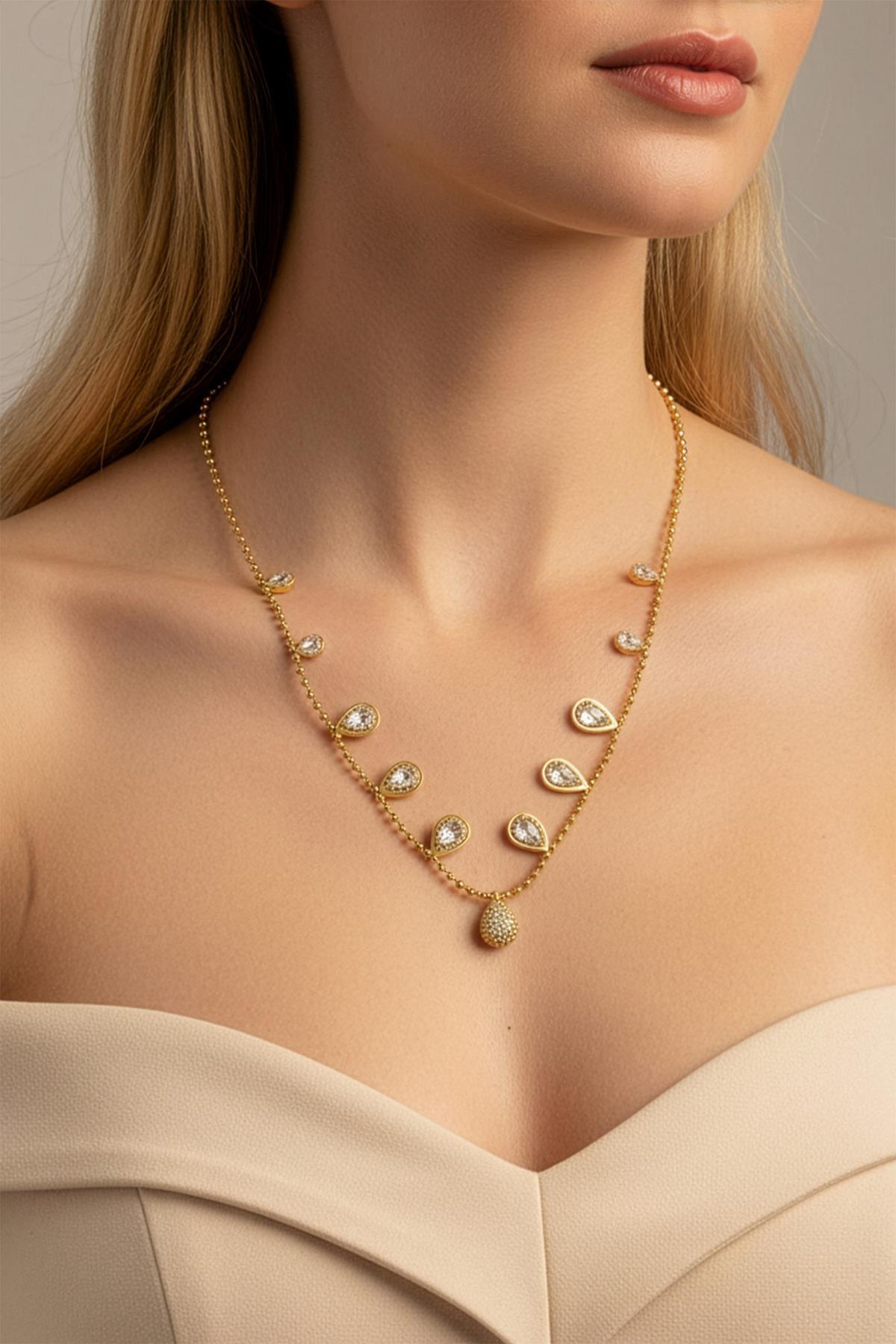 Gold Damla Figürlü Kararmaz Çelik Kolye 0141 - 1