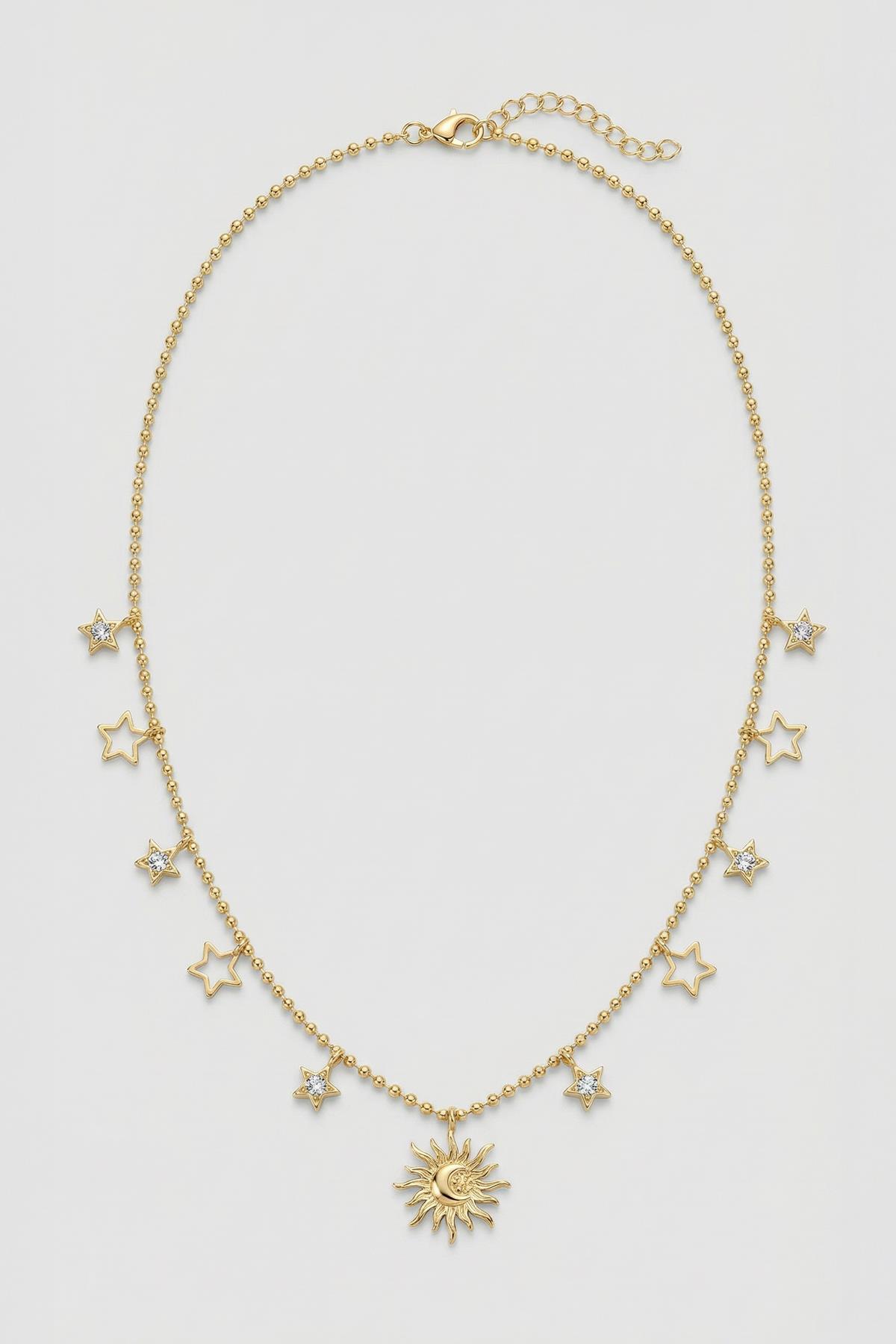 0142 Güneş Yıldız Kararmaz Çelik Kolye Gold - 1