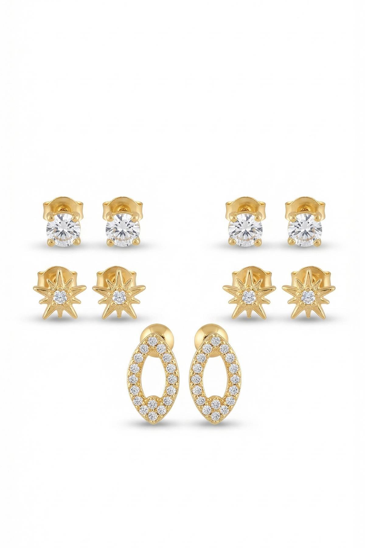 Gold Damla Desen Taşlı Küpe Seti 0146 