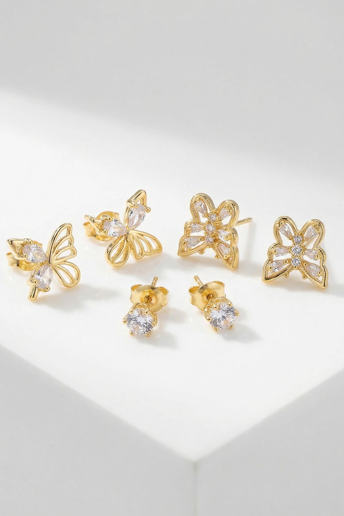Gold Kelebek Desen Küpe Seti 0147 - 1