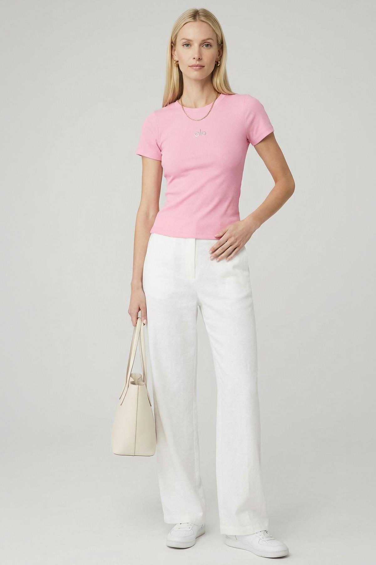 0149 Baskılı Kısa Kol Tişört Pembe 