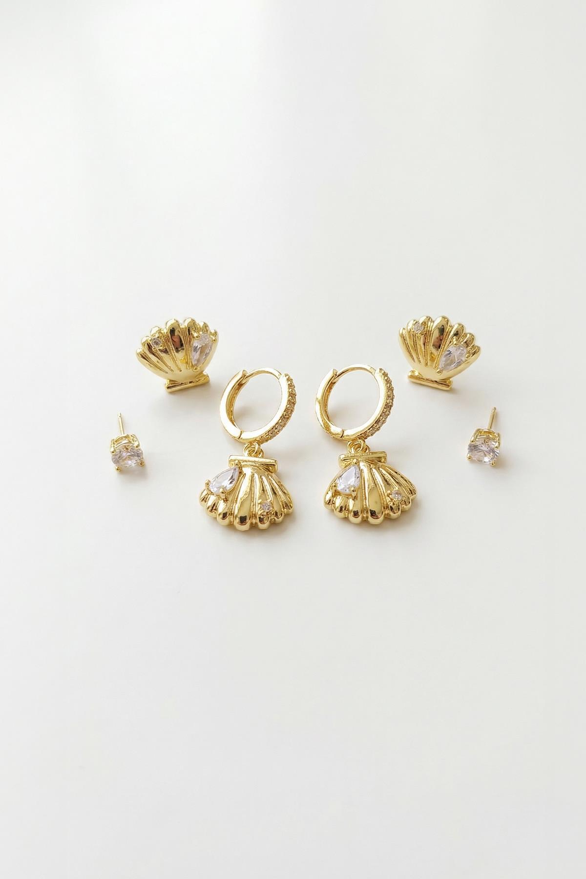 0149 Deniz Kabugu Figürlü Çoklu Küpe Seti Gold - 1