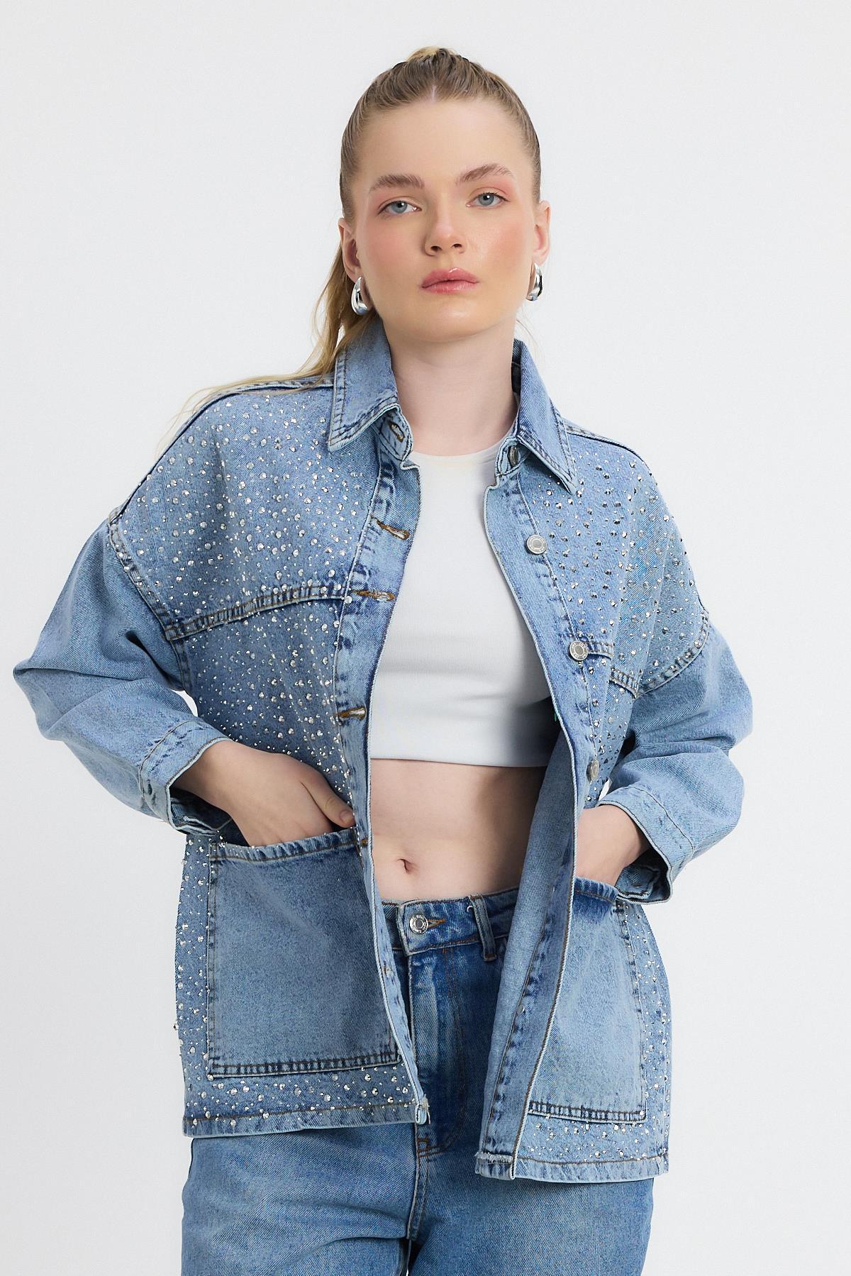 0404 Taş Detay Jean Ceket Buzkar - 8
