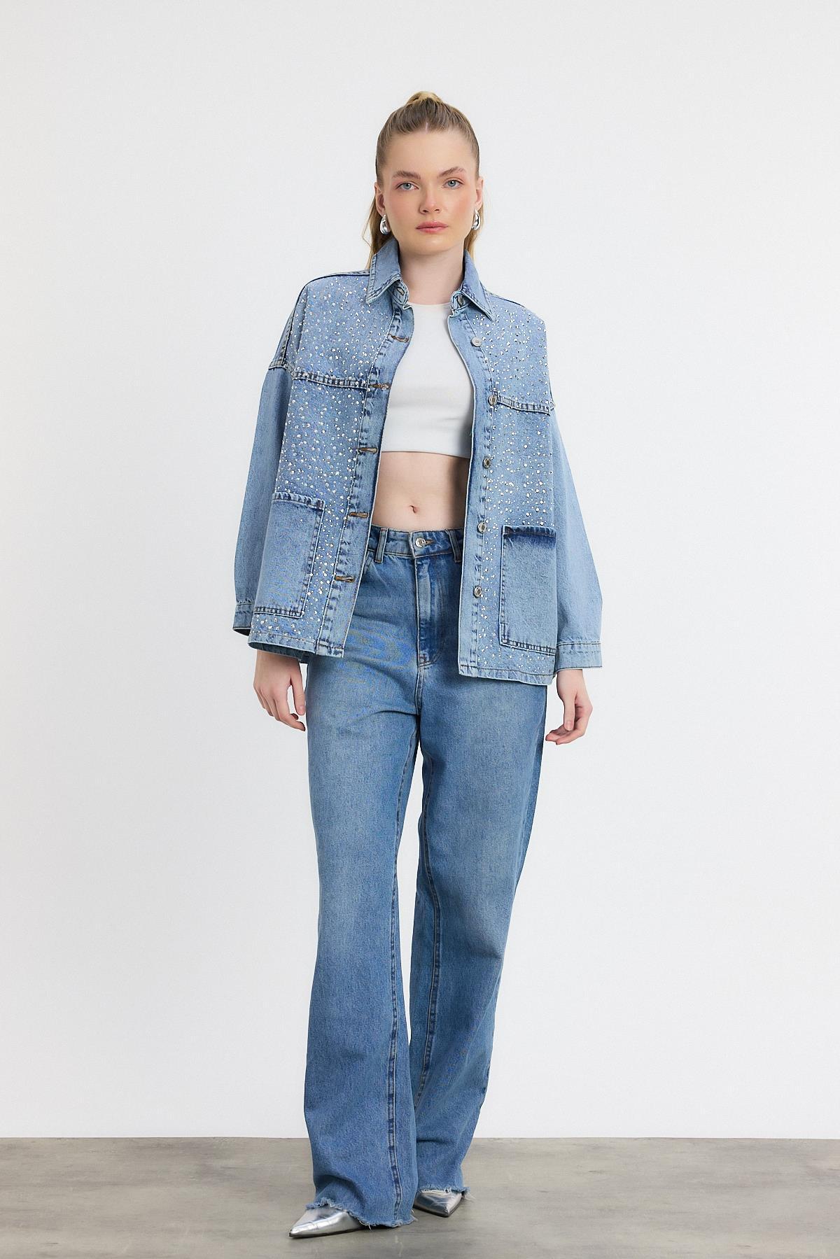 0404 Taş Detay Jean Ceket Buzkar - 6