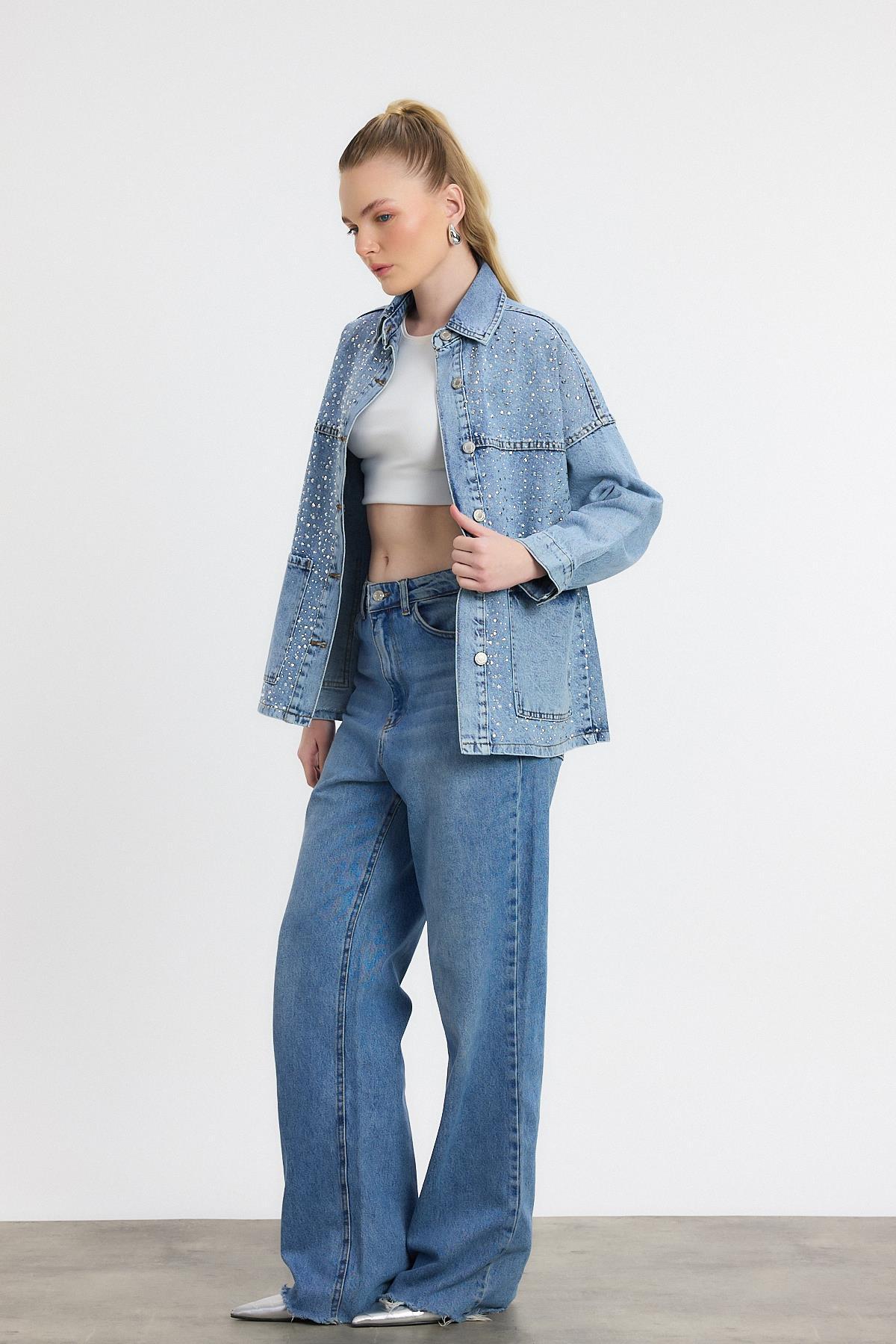 Buzkar Taş Detay Jean Ceket 0404 - RAYS