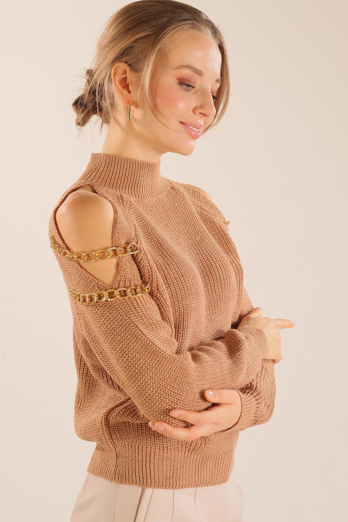 Camel Omuz Dekolte Zincirli Kazak 057 - 4