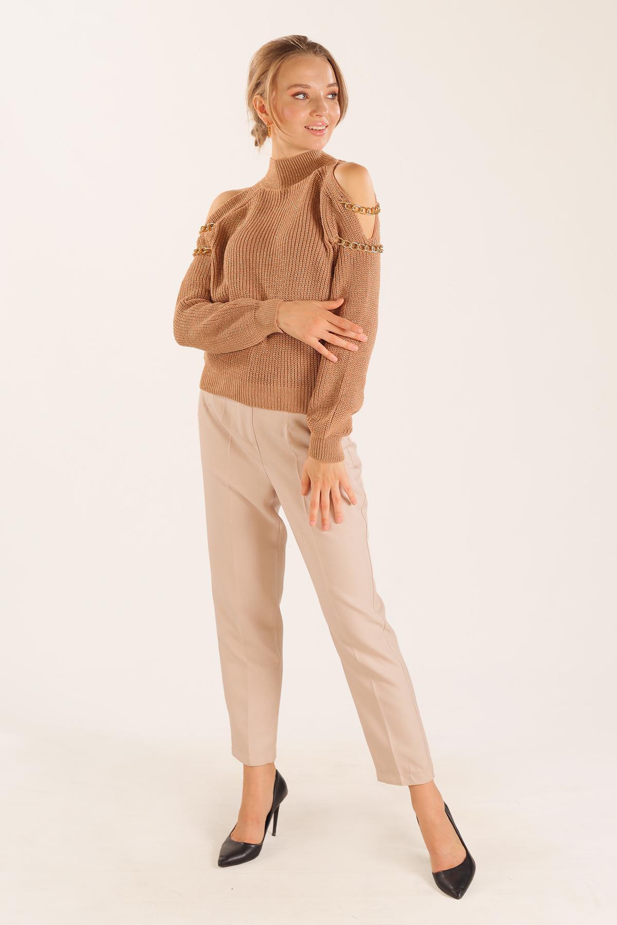 Camel Omuz Dekolte Zincirli Kazak 057 - 7