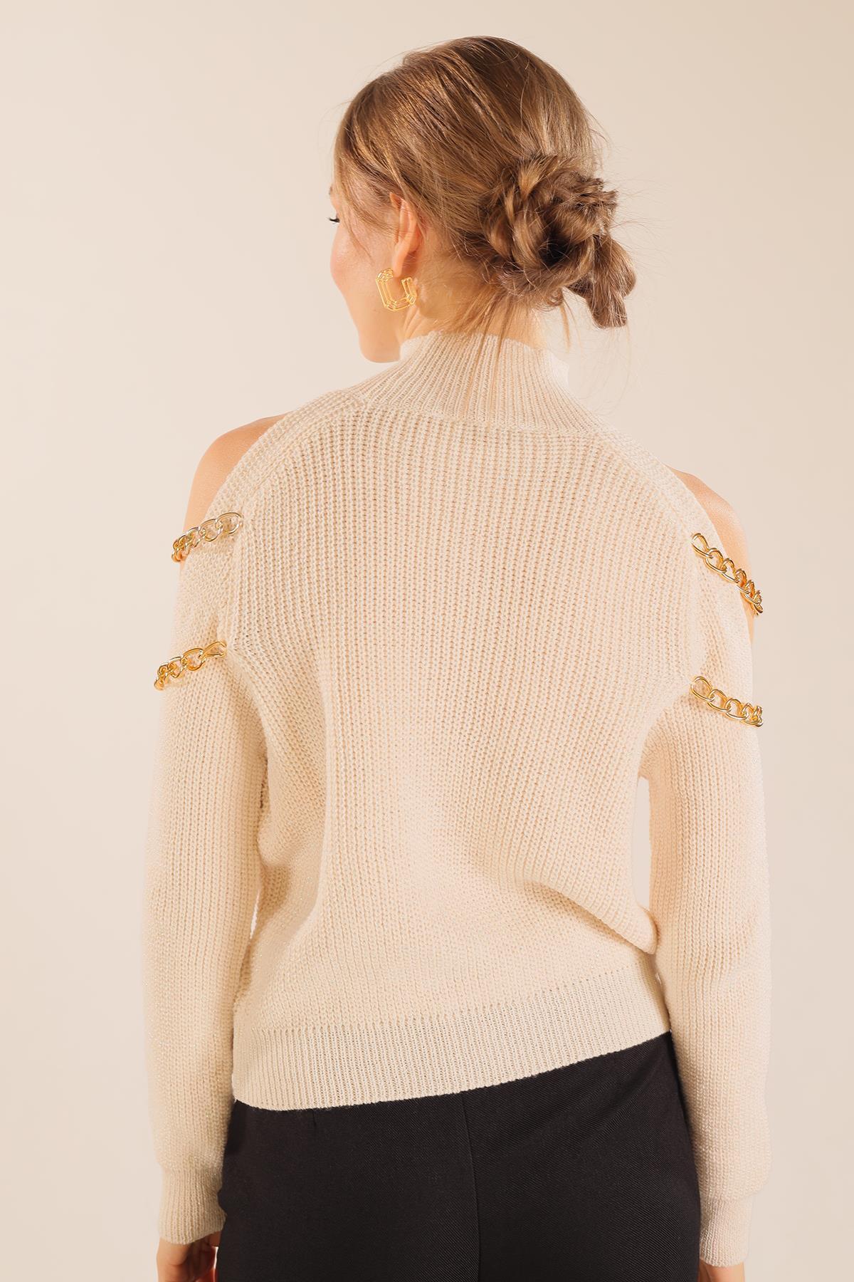 057 Omuz Dekolte Zincirli Kazak Ekru - 3